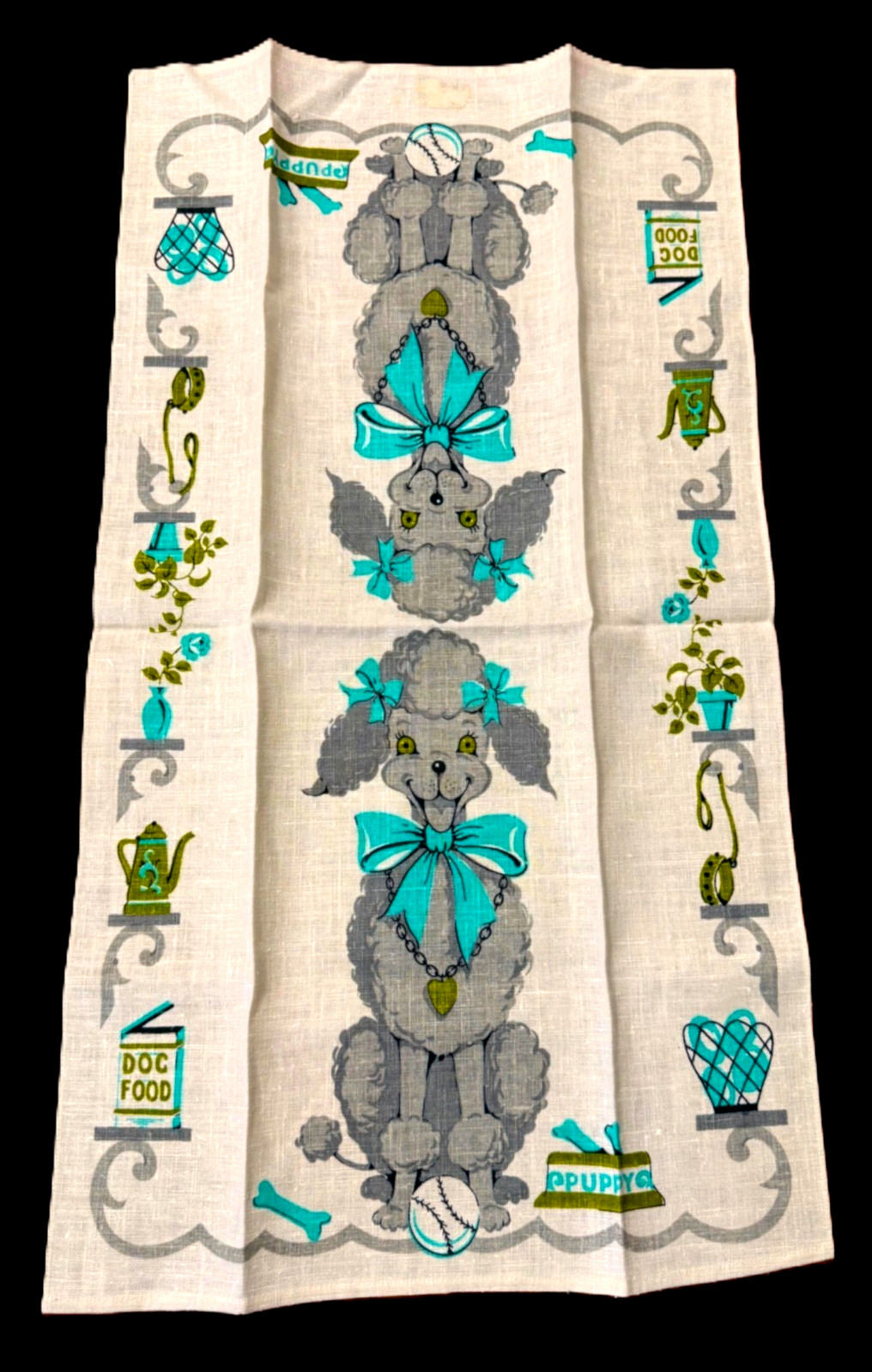NWOT Vtg. Linen Poodle Tea Towel Puppy Baseball Gray & Aqua