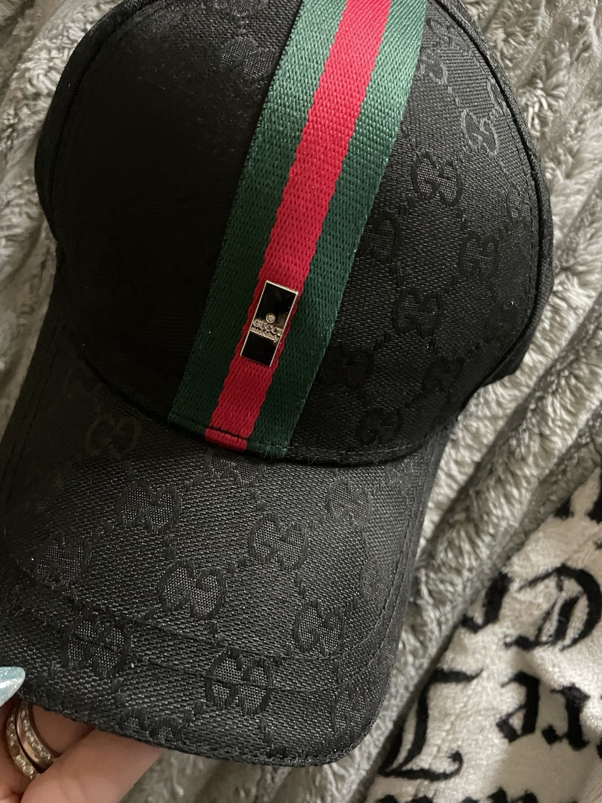 Black Gucci Baseball Cap Italian Stripe Hat Supreme GG Monogram Adjustable
