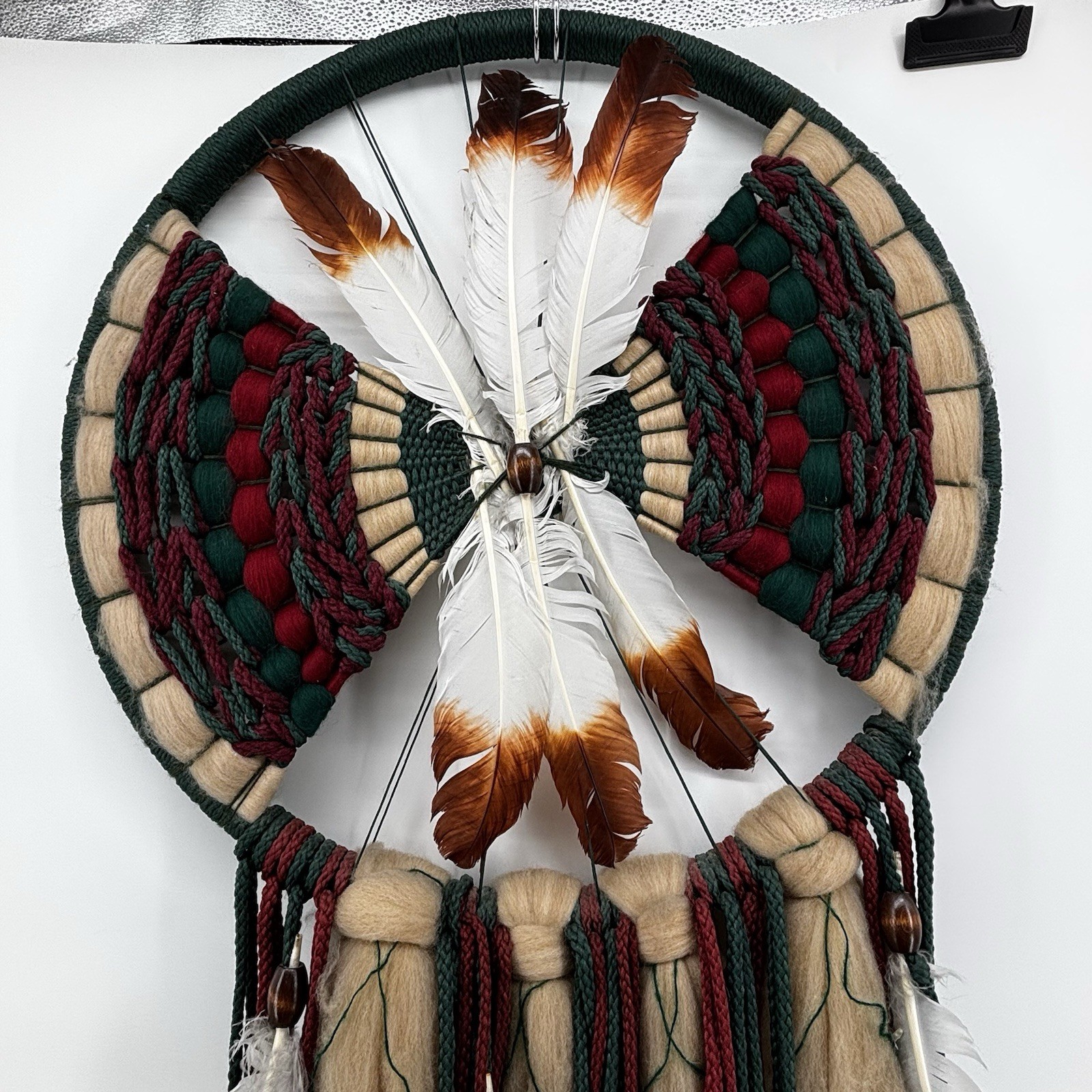 Vintage Native American Mandala Dream Catcher Fur Wool Feathers Beaded Large 24\