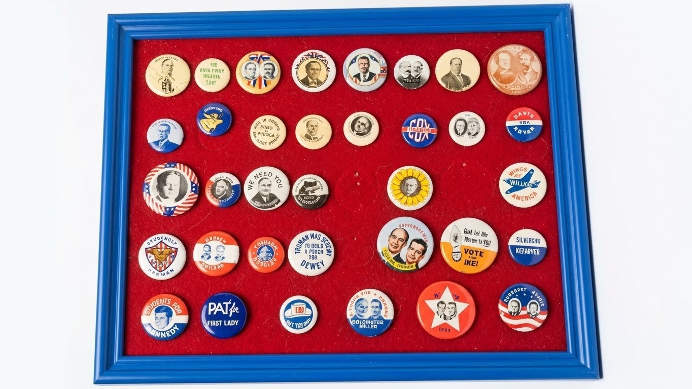 Vintage US Political Campaign Election Pinbacks Collection w/ Display Case