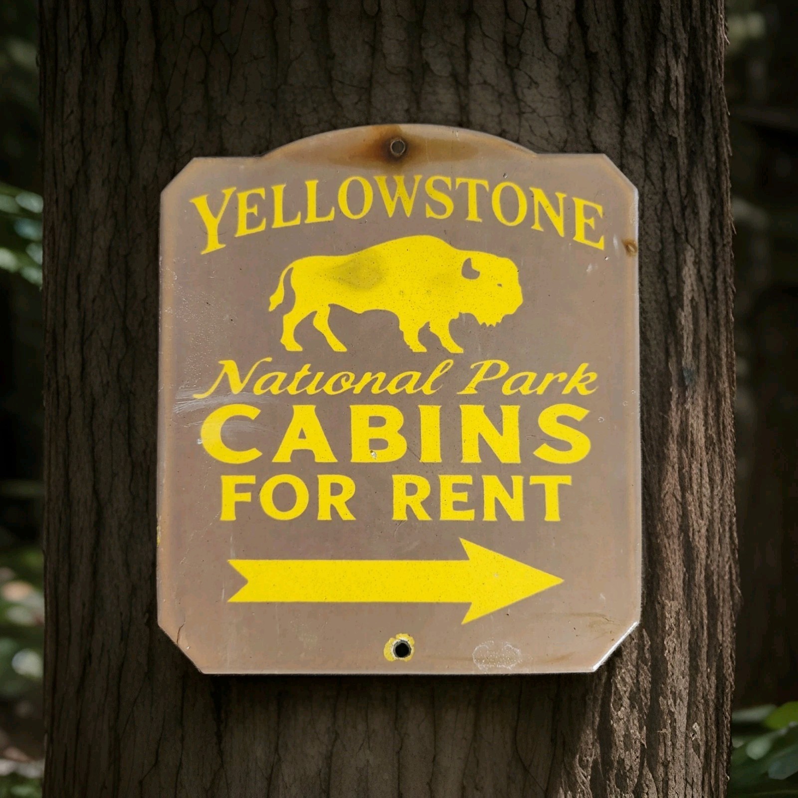 Vintage Yellowstone National Park Porcelain Sign Cabins Wyoming Yosemite Geyser 