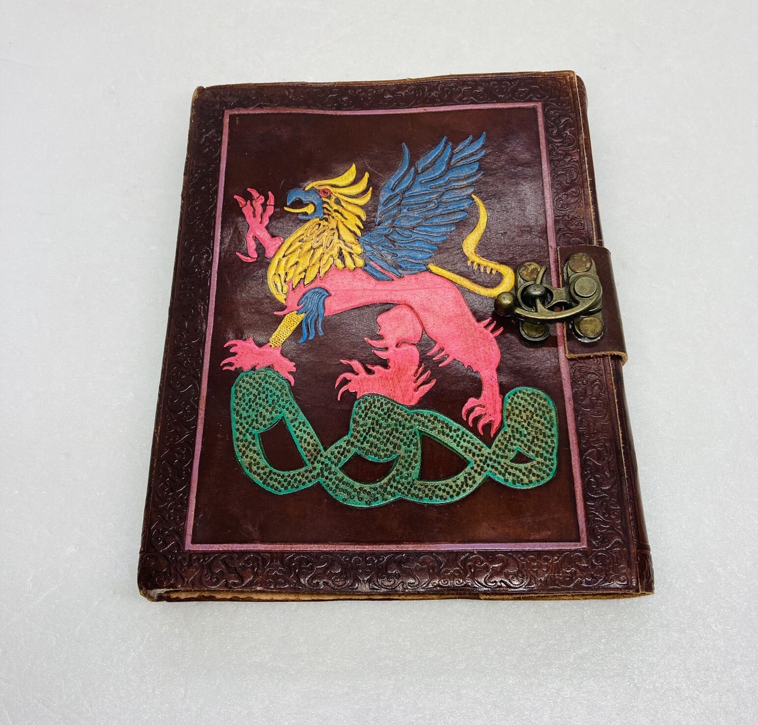 Very Rare Leather Bound Mythical Griffin Thick Art Paper Notebook Metal Latch 2B