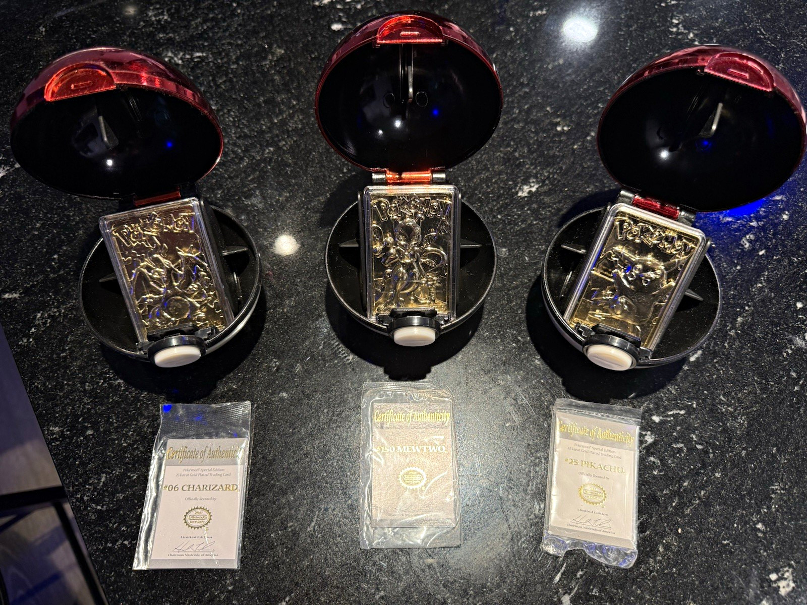 Pokémon Nintendo 1999 23K Gold-Plated Card Lot 3 Charizard Mewtwo Pikachu W/COAs
