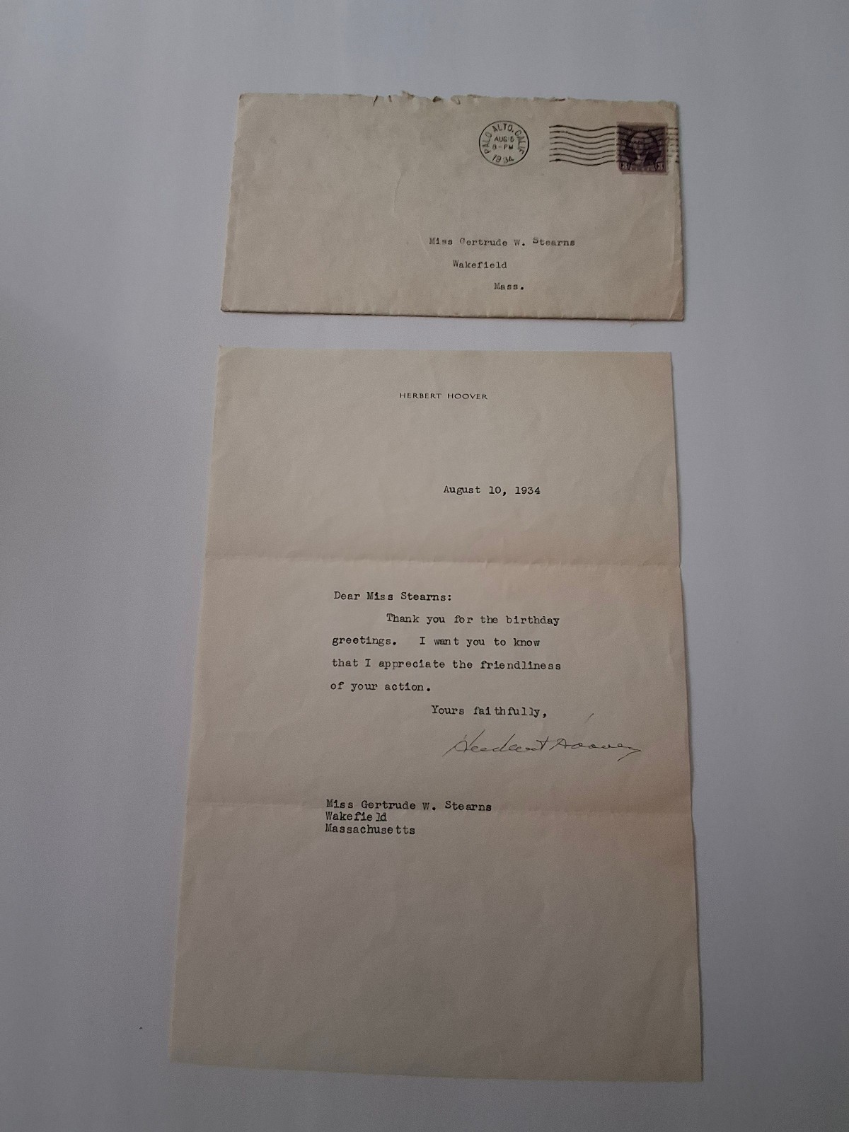 Herbert Hoover Auto Signed Letter TLS 1934 w/ envelope.