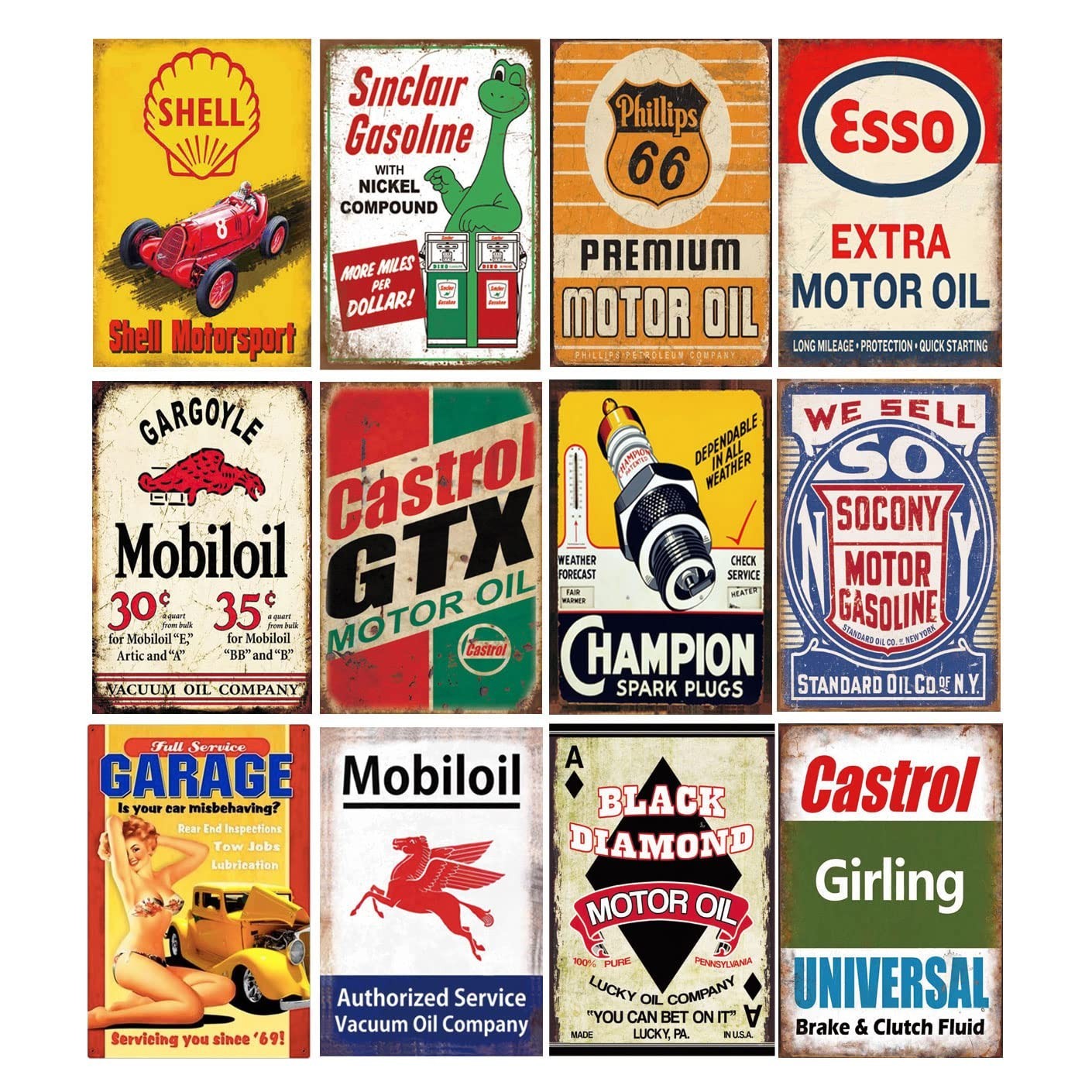 12 Retro Vintage Gas & Oil Tin Signs - Metal Wall Art for Home, Man Cave, Garage