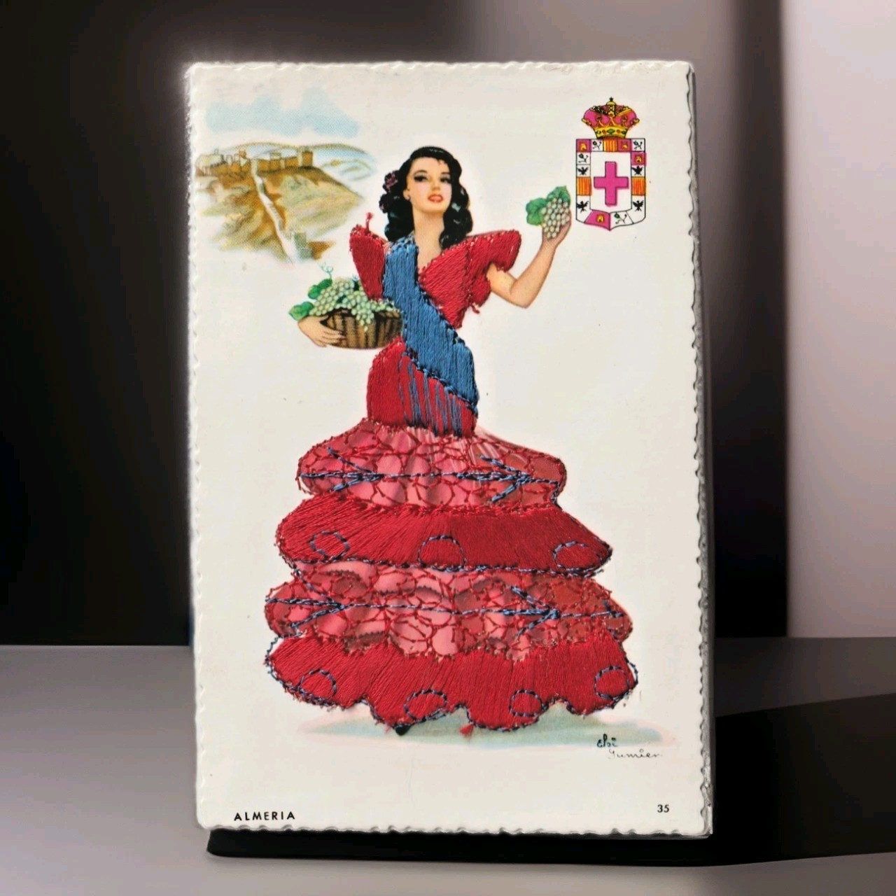 VINTAGE Embroidered Postcard Spain ELSI GUMIEN Almeria #35 Andalusian Woman p1a