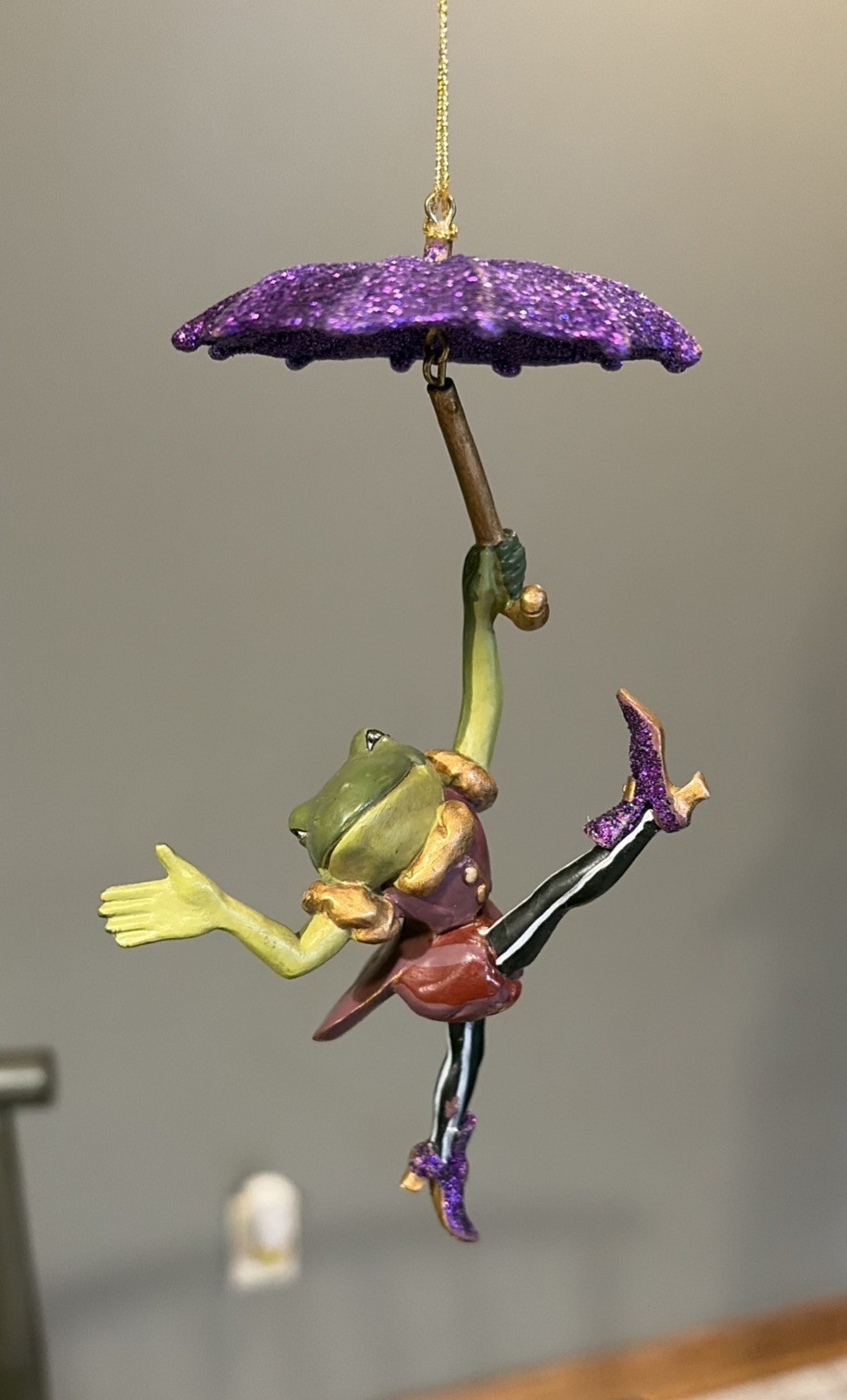 RARE VTG Katherines Collection Ornament Frog Dancing Purple Glitter Umbrella 6”