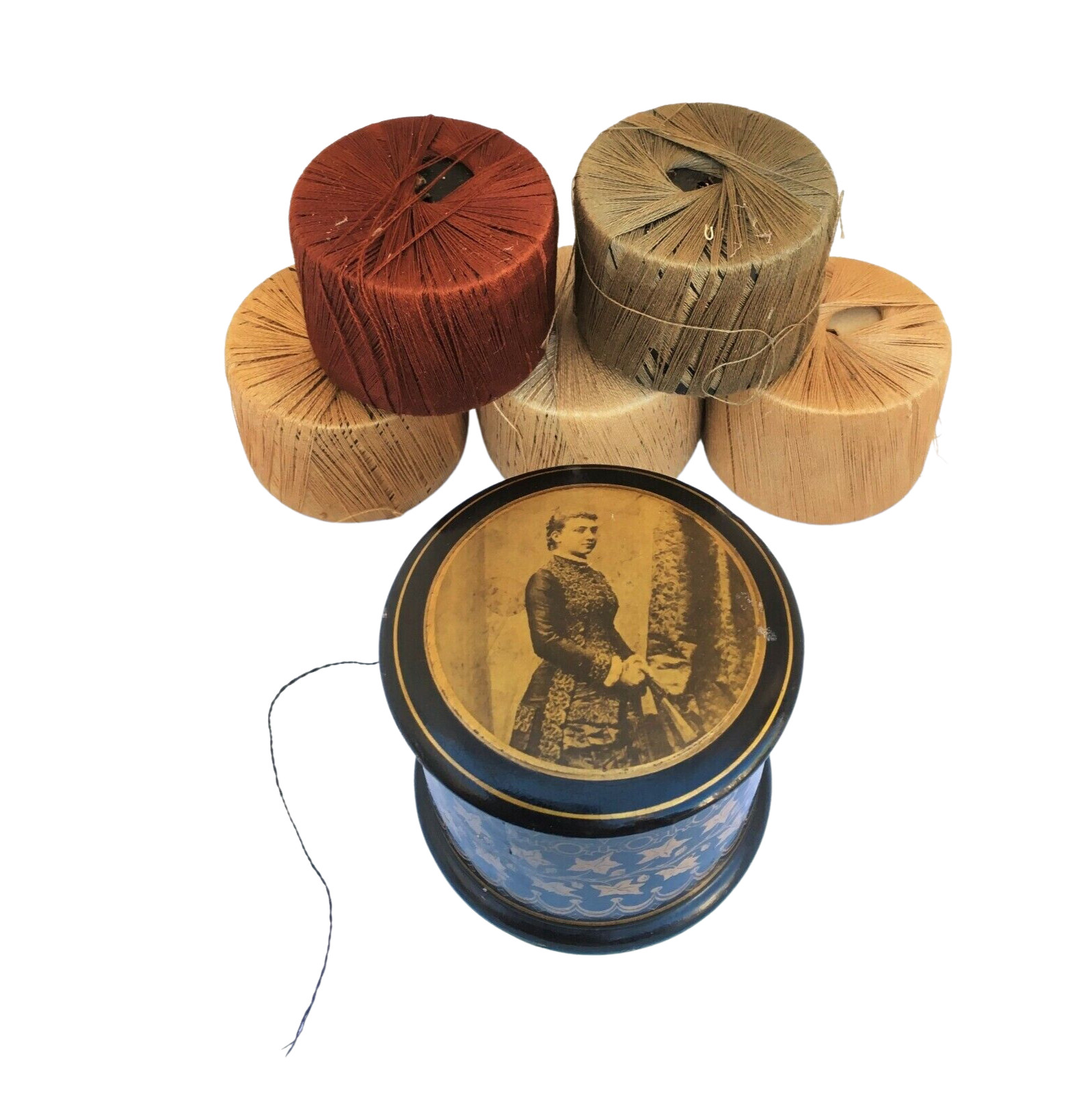 c. 1860-80s Lacquered Papier Mache Thread Box with Gilding & Albumen Portrait 