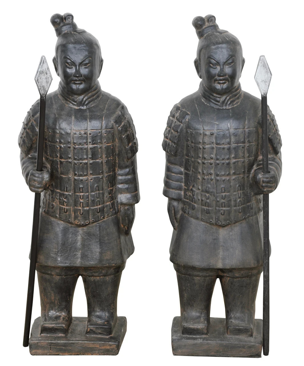 Pair of Chinese Warrior Soldier Figurines Statues, Black Earthy Finish-40\'\'H