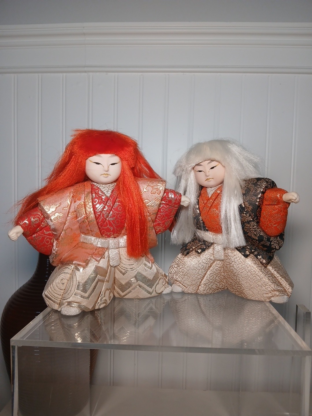 Vtg Japanese Kimekomi Dolls Pair Kabuki Renjishi Lion Dancer Brocade Silk 8\