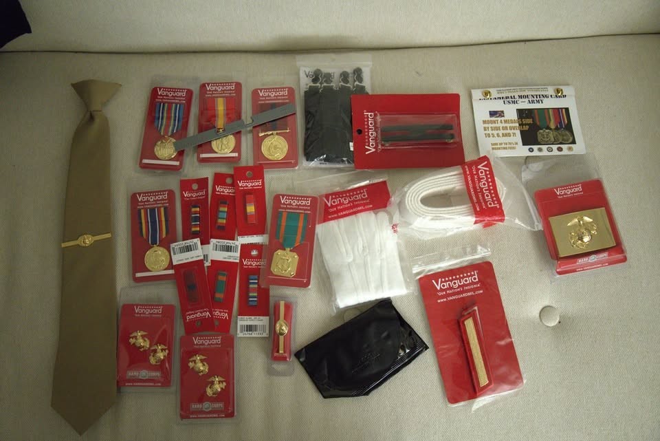 USMC Marine Corps Dress Blues Accessories Lot Medals Ribbons EGA Buckle Gloves