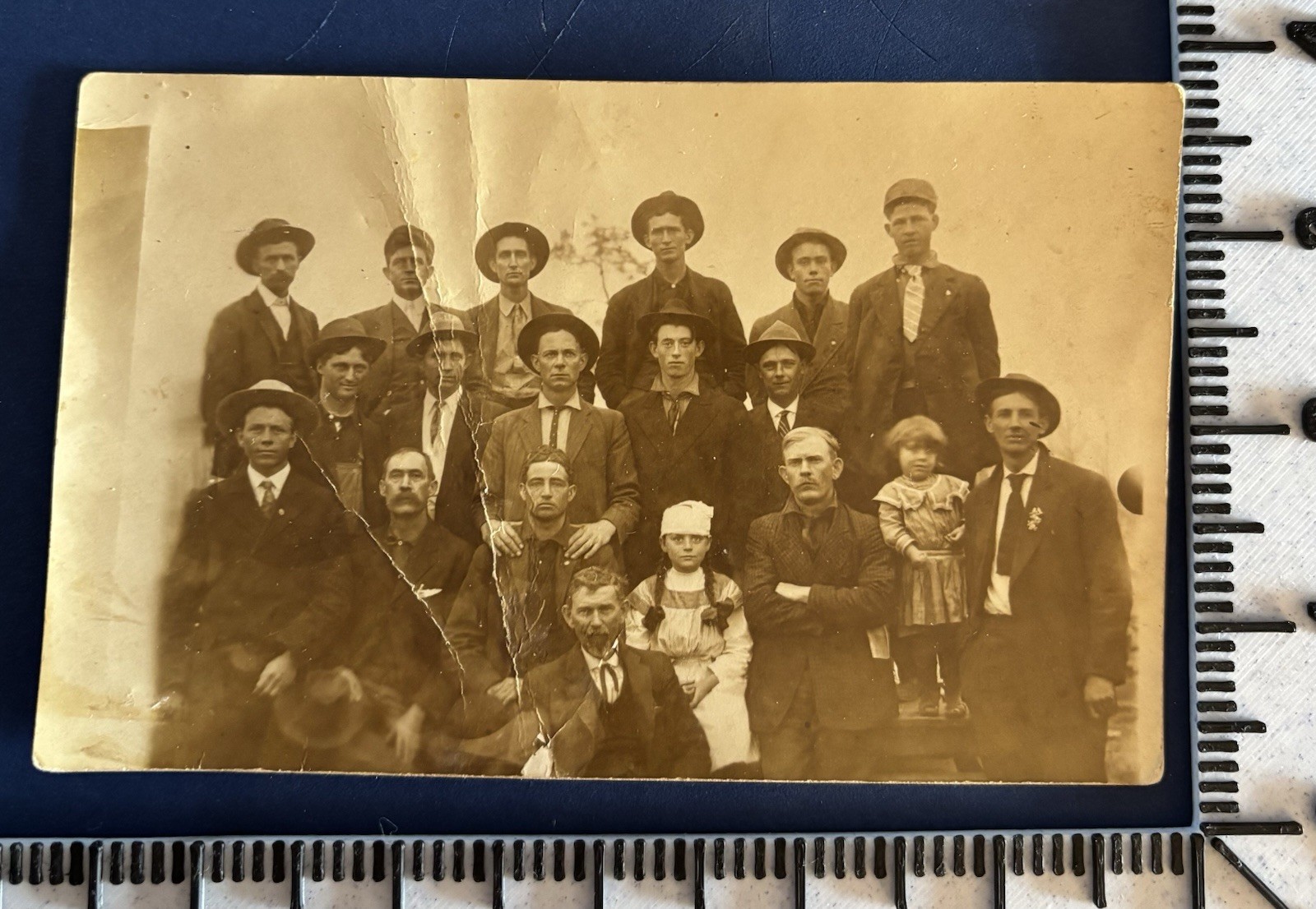 Antique Vtg Photo Rppc Postcard Large Group Men Hats 2 Girls 1910s