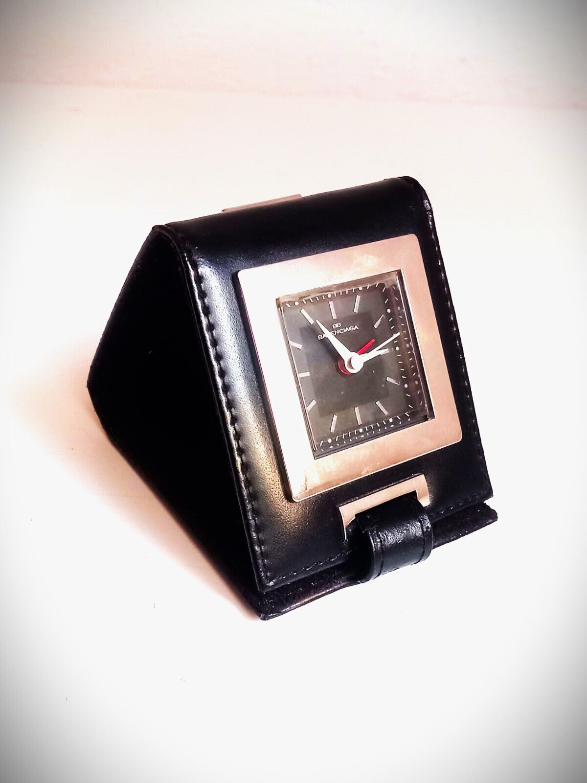 vtg Balenciaga travel clock alarm quartz leather stainless steel working fosfor