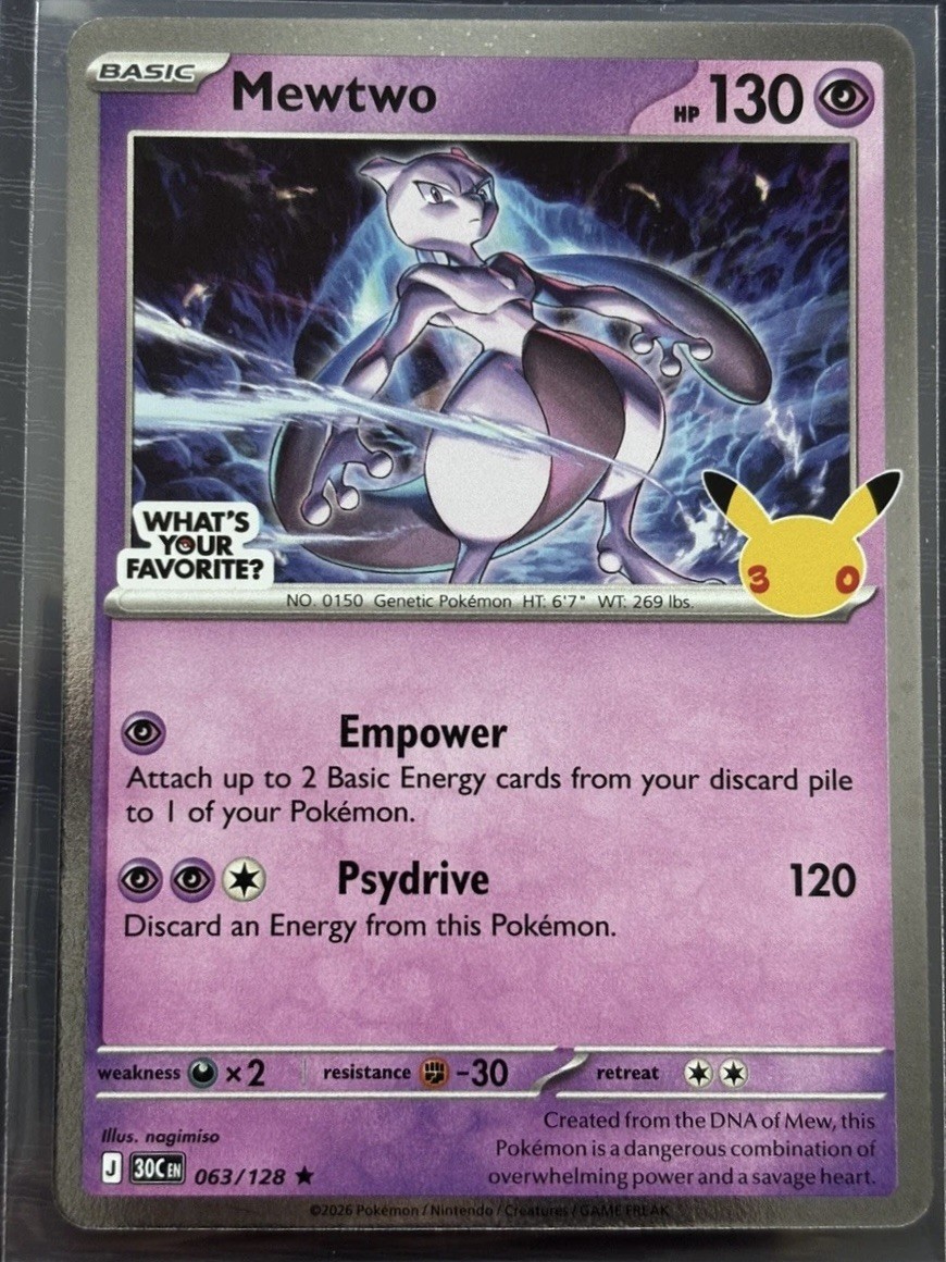 2026 Pokemon Mewtwo 063/128 30th Anniversary Stamped Holo Whats Your Favorite 
