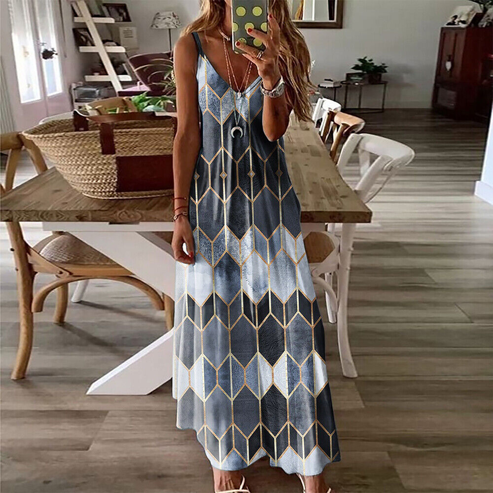 Plus Size Women's Boho Floral Cami Long Maxi Dress Summer Beach Holiday Sundress
