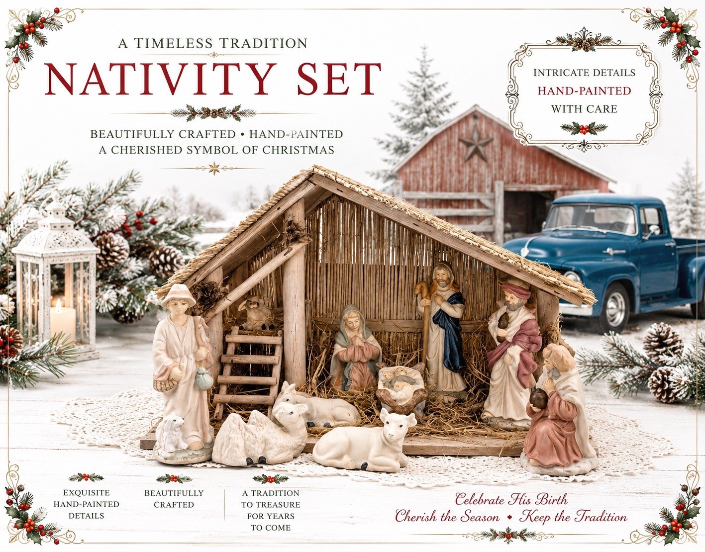 Vintage (11) Piece Nativity Set W/ Hay Covered Wooden Stable & Porcelain Figures