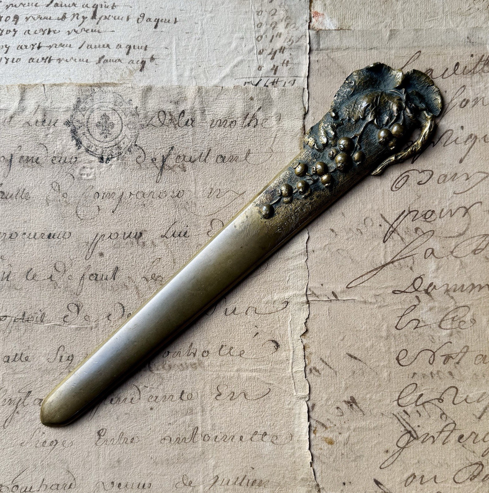 Antique French Art Nouveau Bronze Letter Opener Currant Motif by Sasportas, 1900