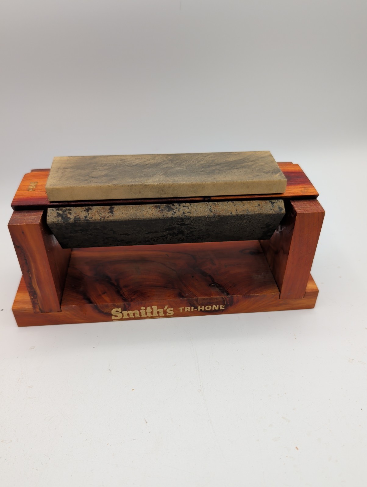 Vintage Smith’s TRI-HONE 3 Stone Knife Sharpener Arkansas Wood Base