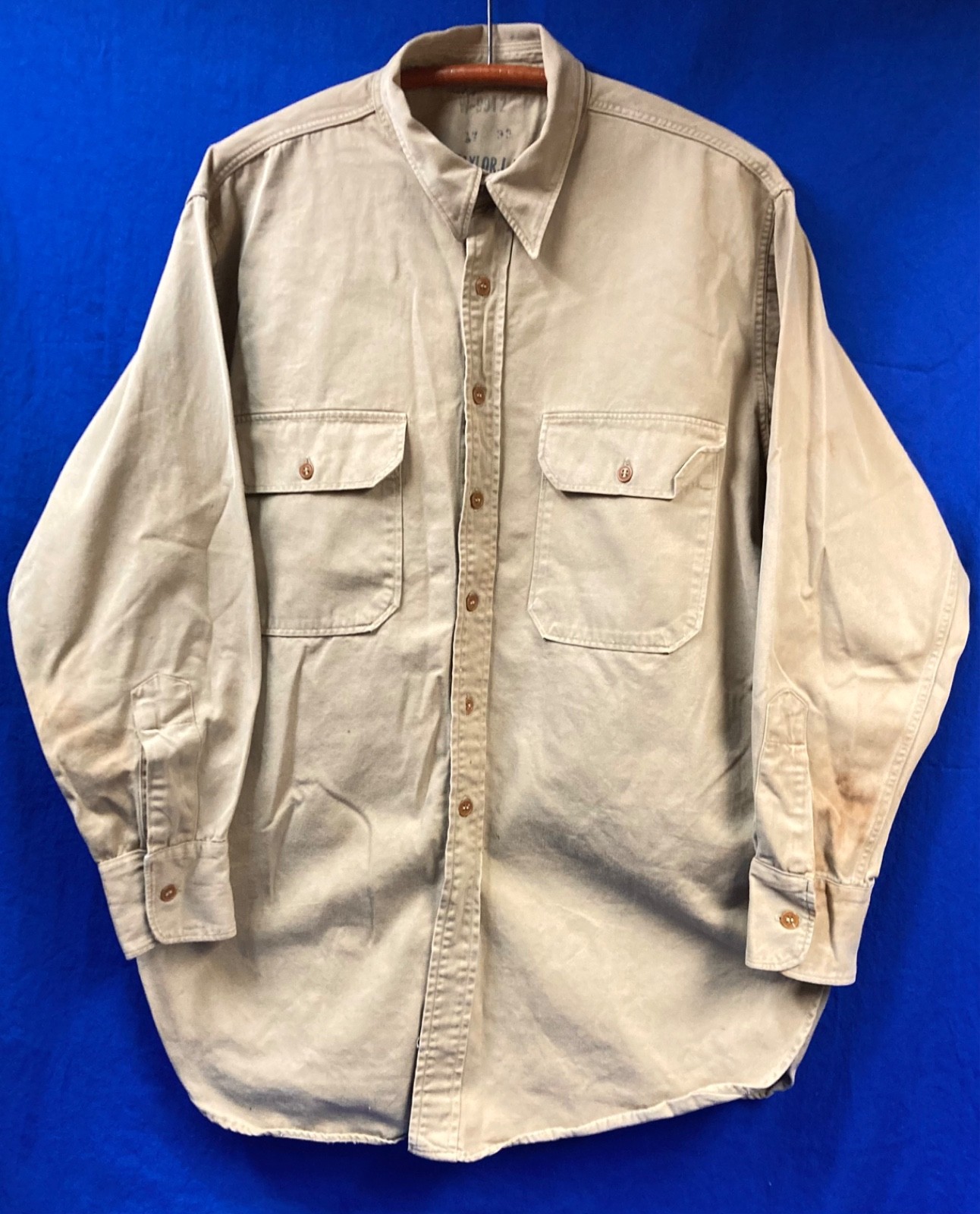 Original WWII US Army Khaki Tan Cotton Uniform Shirt ~ Large Size 17 x 33 1940’s