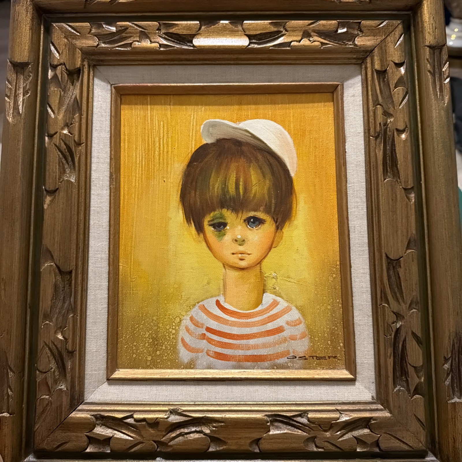 Vintage Mid Century Big Eye Boy Oil Painting by Oster - Framed 1960s/1970s Art
