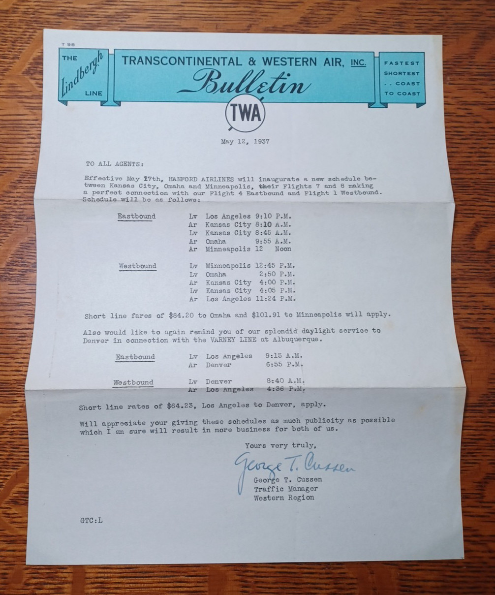 1937 TWA Transcontinental & Western Air Bulletin Hanford Airlines Schedule JRR10