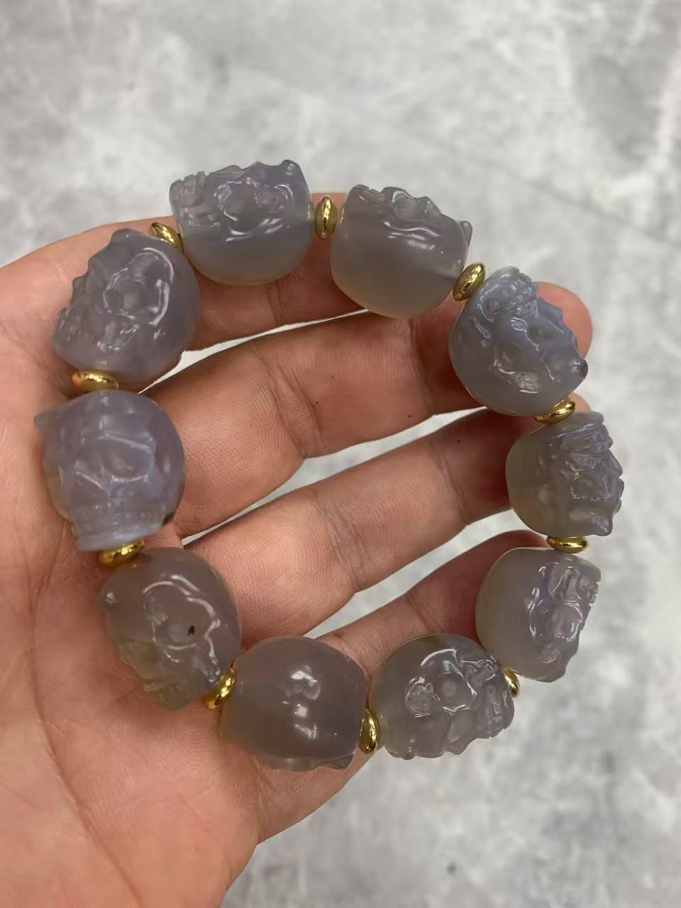 Wonderful Rare Tibetan Natural Agate Dzi Hand Carved Amulet Skull Beads Bracelet