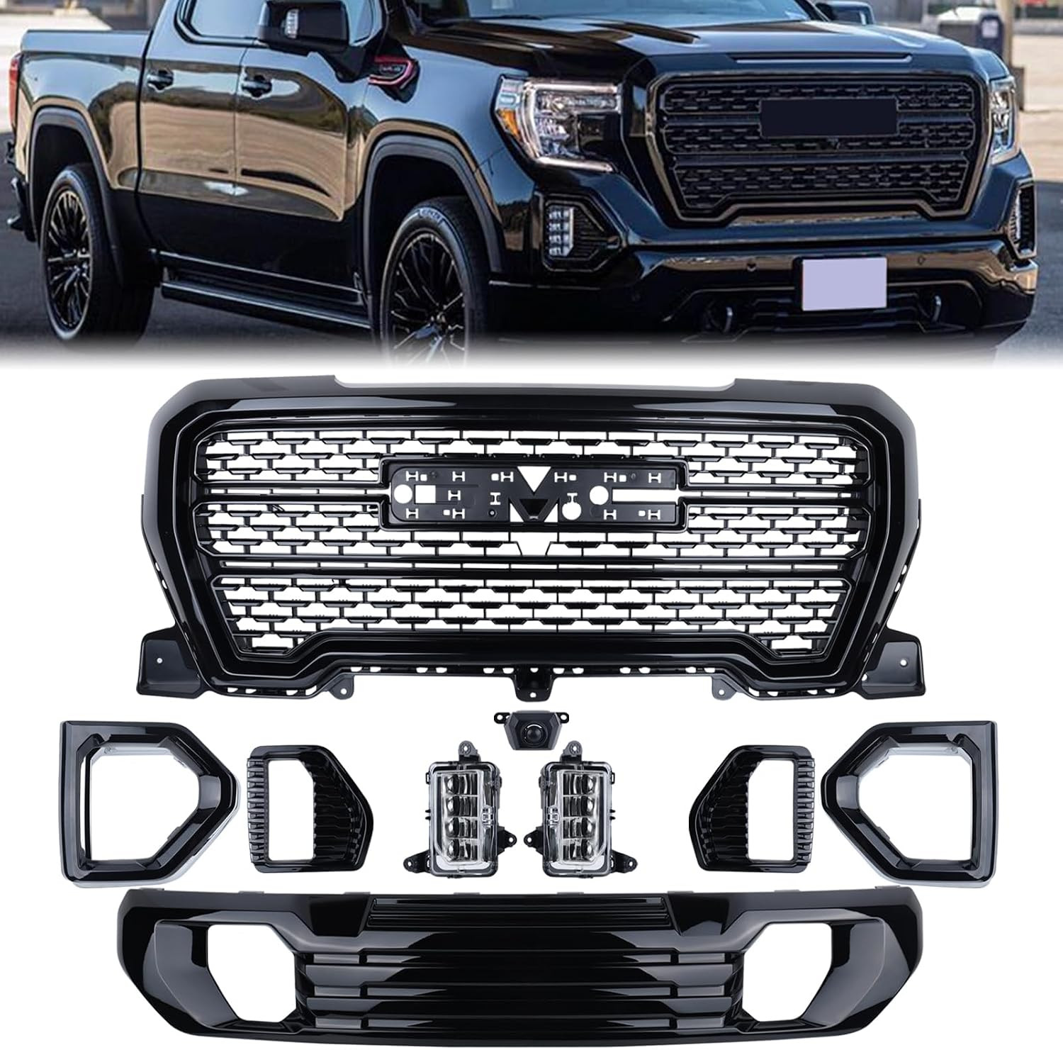 Grille Set 9Pcs Compatible with 2019-2022 GMC Sierra 1500 Denali Front Upper Gri