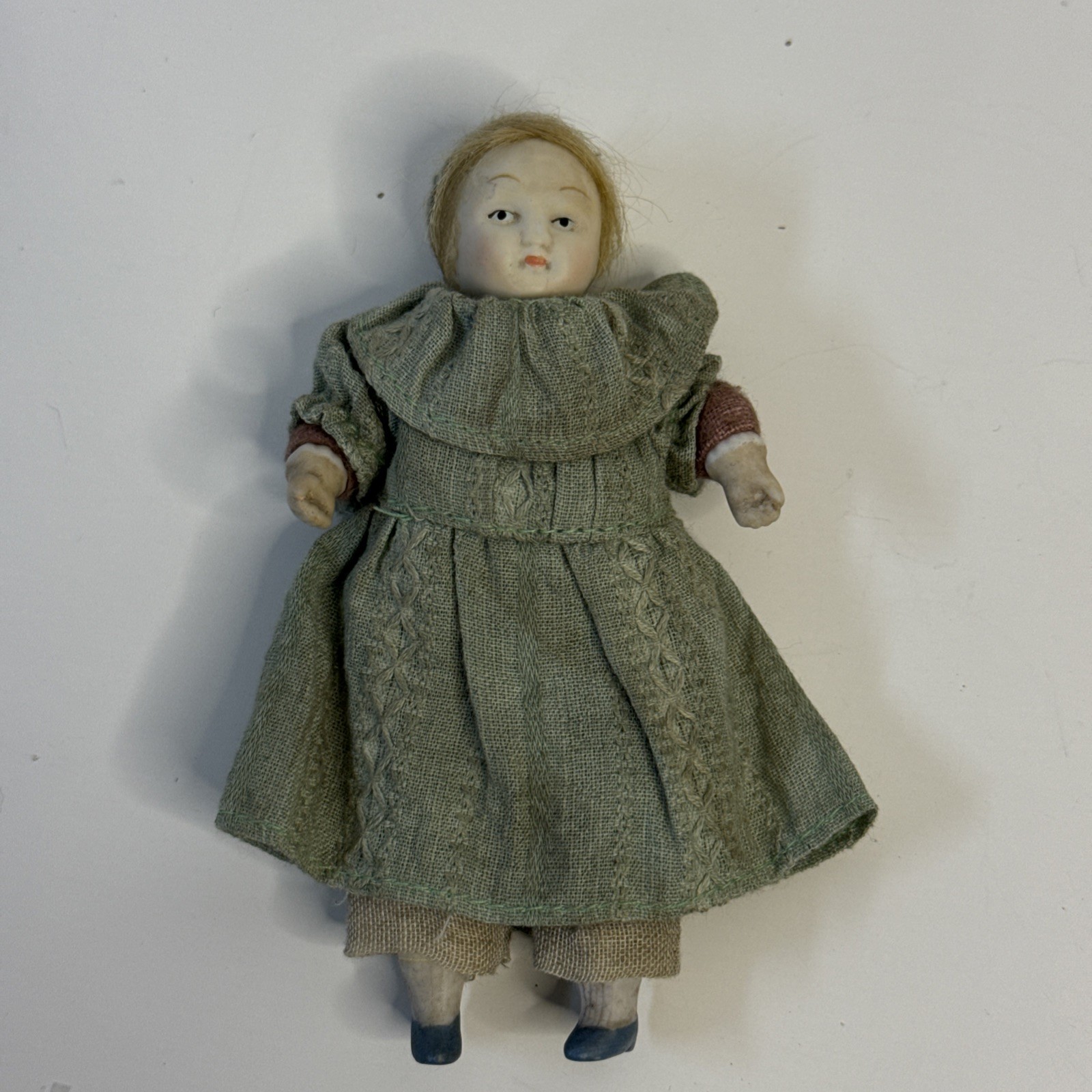 Antique Dressed Doll Girl w/ Realistic Hair Ceramic Bisque Body 4.5
