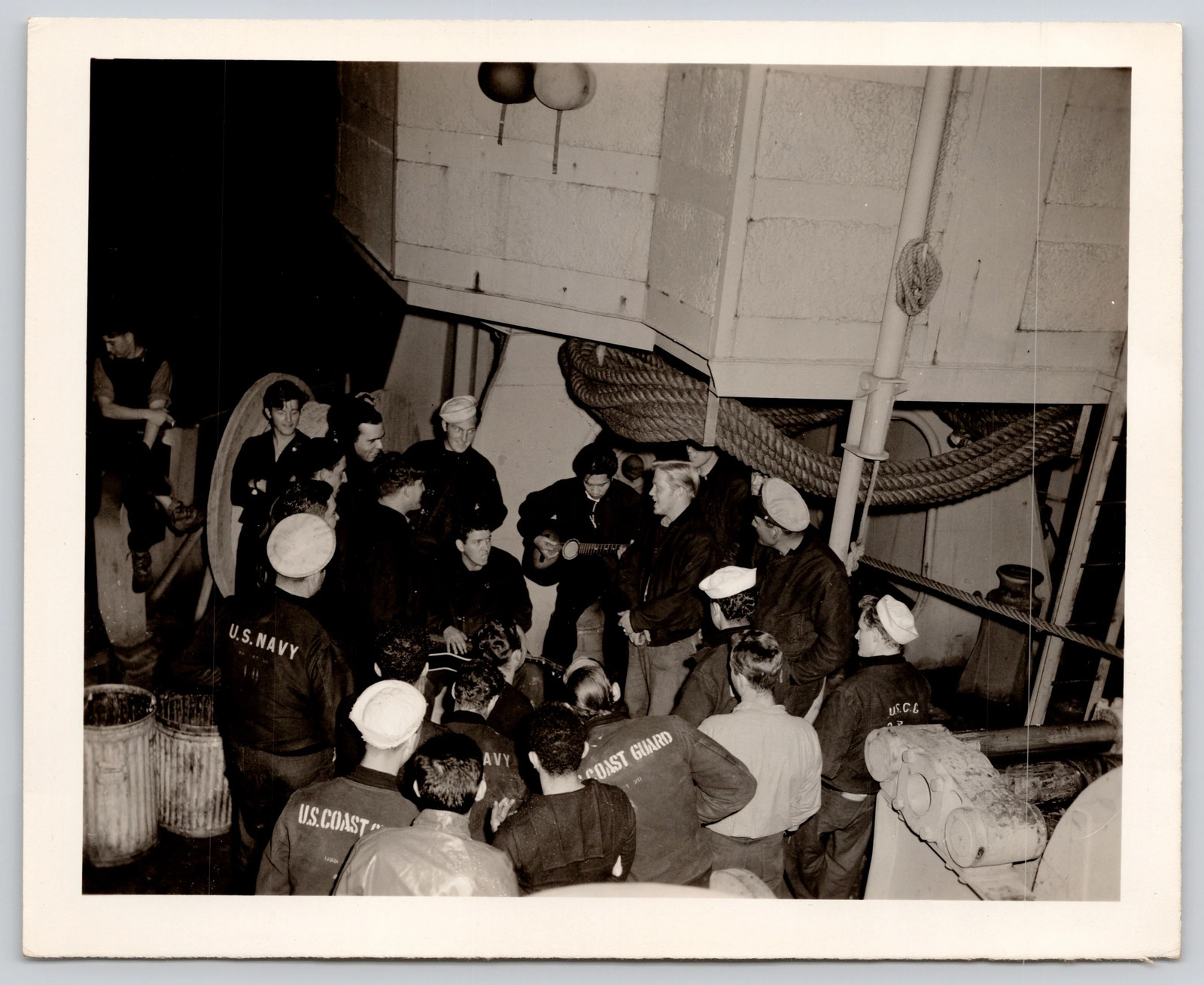 Navy & Coast Guard Sailors With Ukulele Player WWII Photo