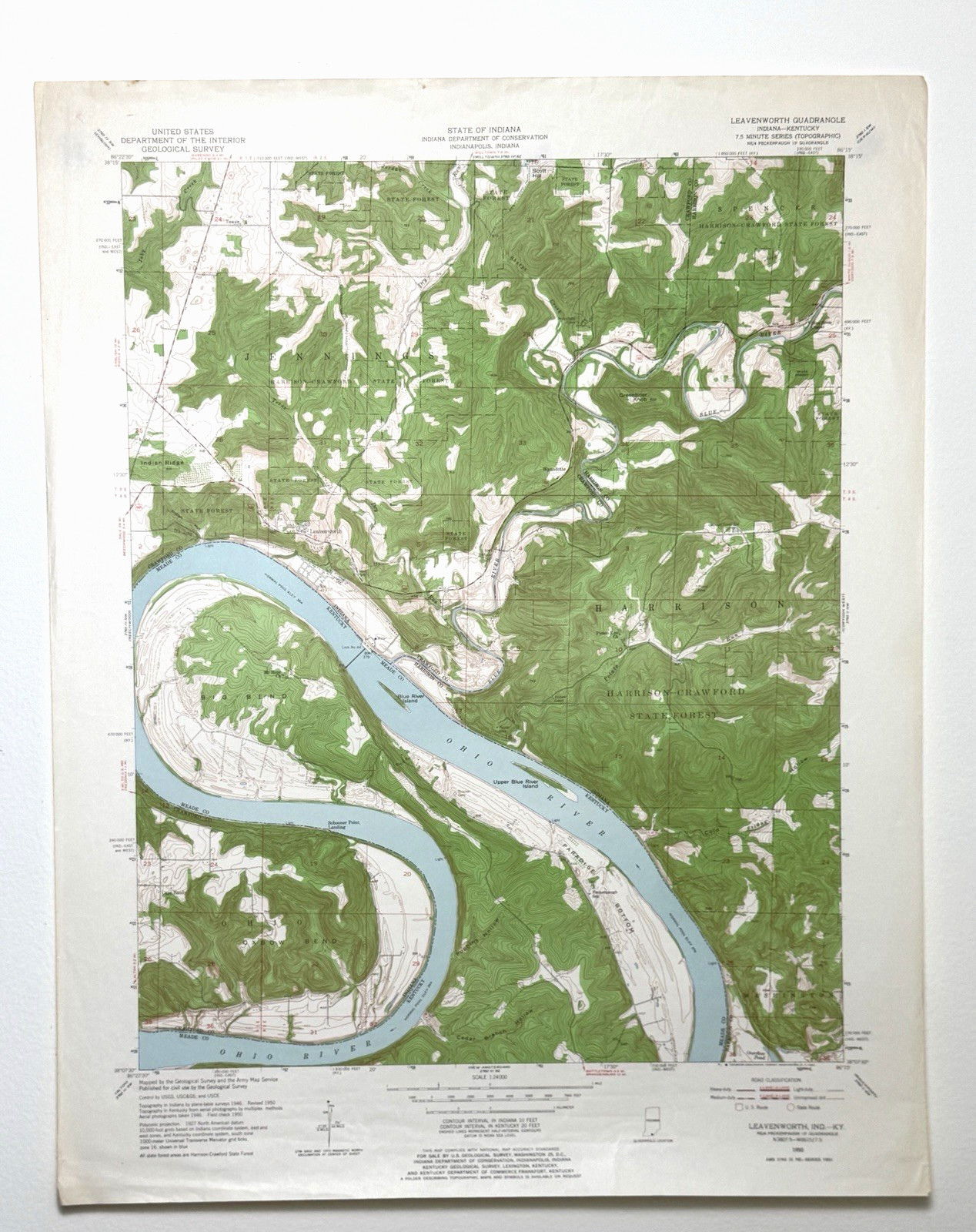 LEAVENWORTH, IN KY USGS Quadrangle Topographic Map, Southern IN, OHIO River 1950