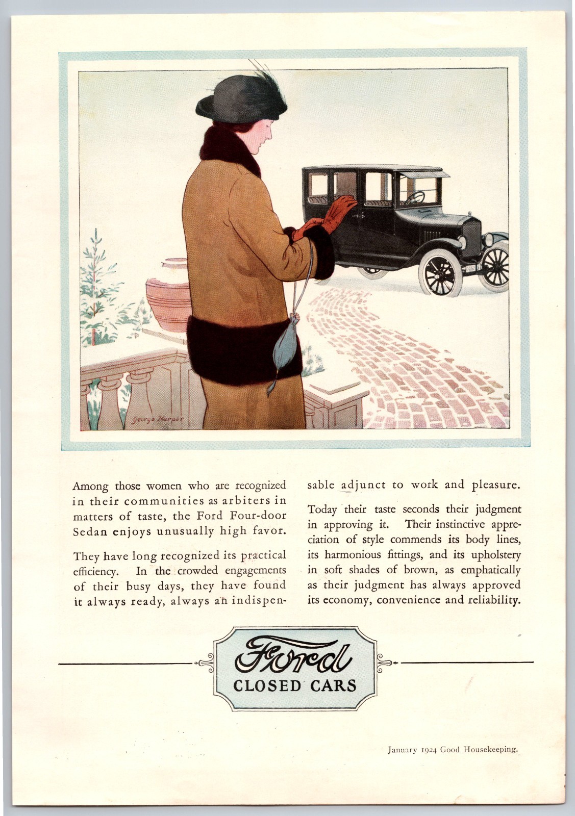 Vintage 1924, Woman, Winter, Fordor Sedan Auto, Automobile, Car 20's Print Ad
