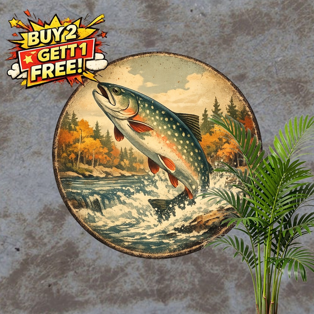 Jumping Trout Freshwater Fishing Sportsman Metal Tin Sign Decor 8x8