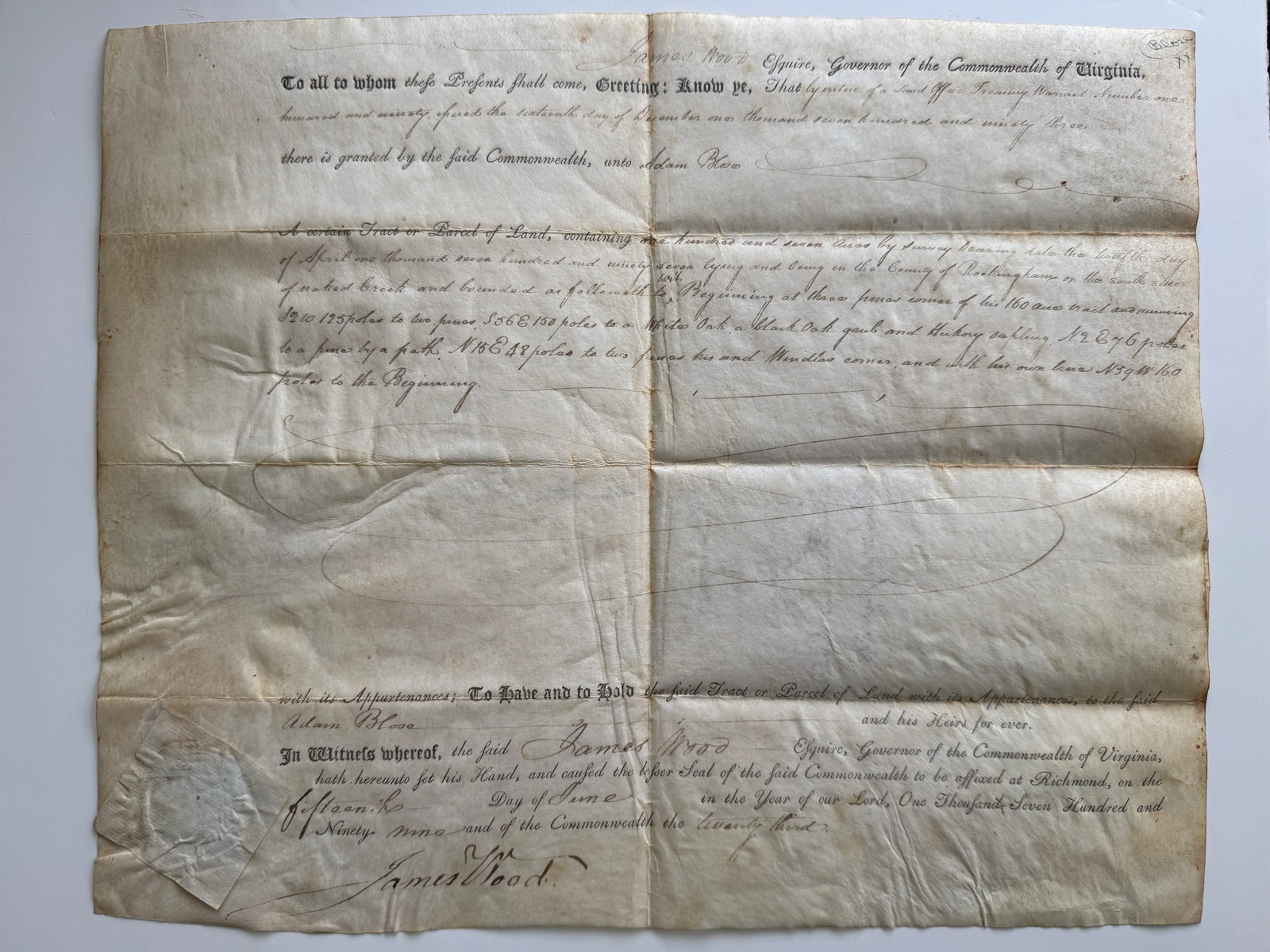 1799 Virginia Land Grant Signed by Governor James Wood – 207 Acres, Rockingham