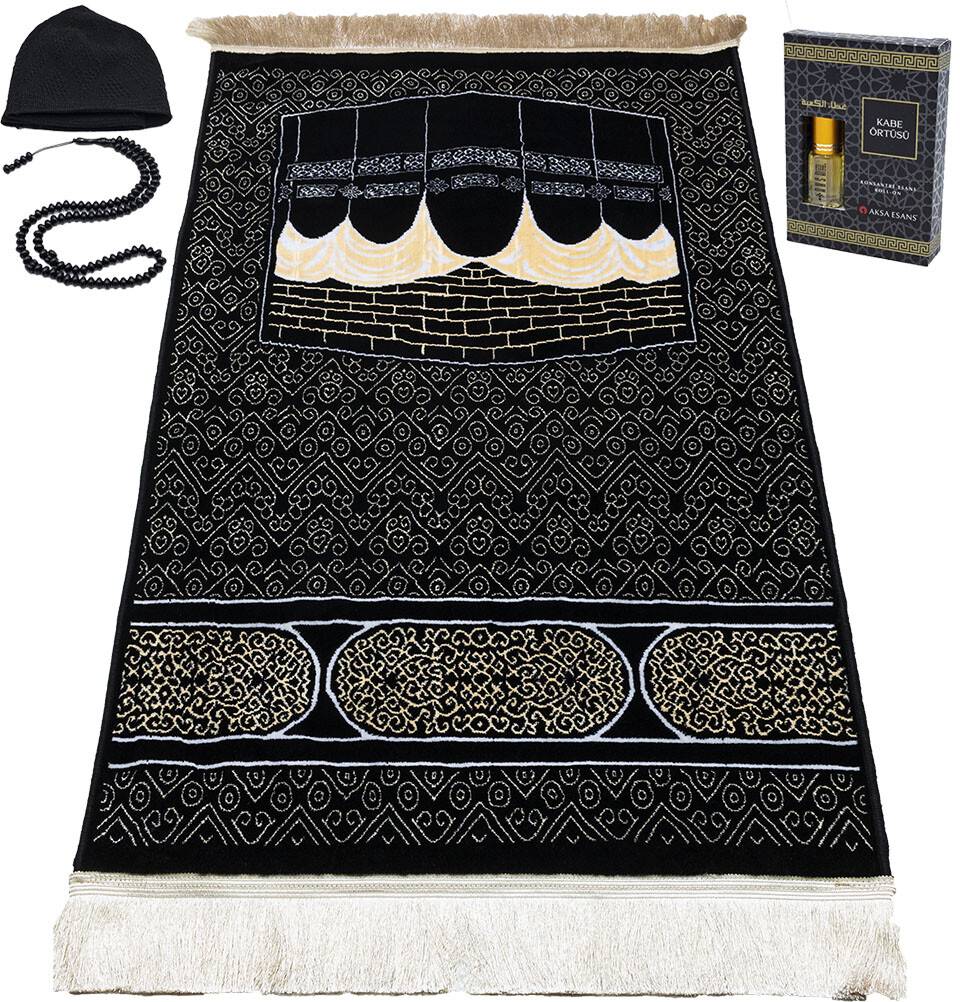Modefa Turkish Islamic Luxury Prayer Rug | Velvet Janamaz | Kaba Swirls - Black