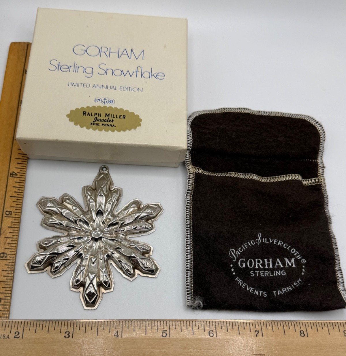 Gorham 23g Sterling Silver Snowflake Christmas Ornament. Vintage W  Pouch & Box