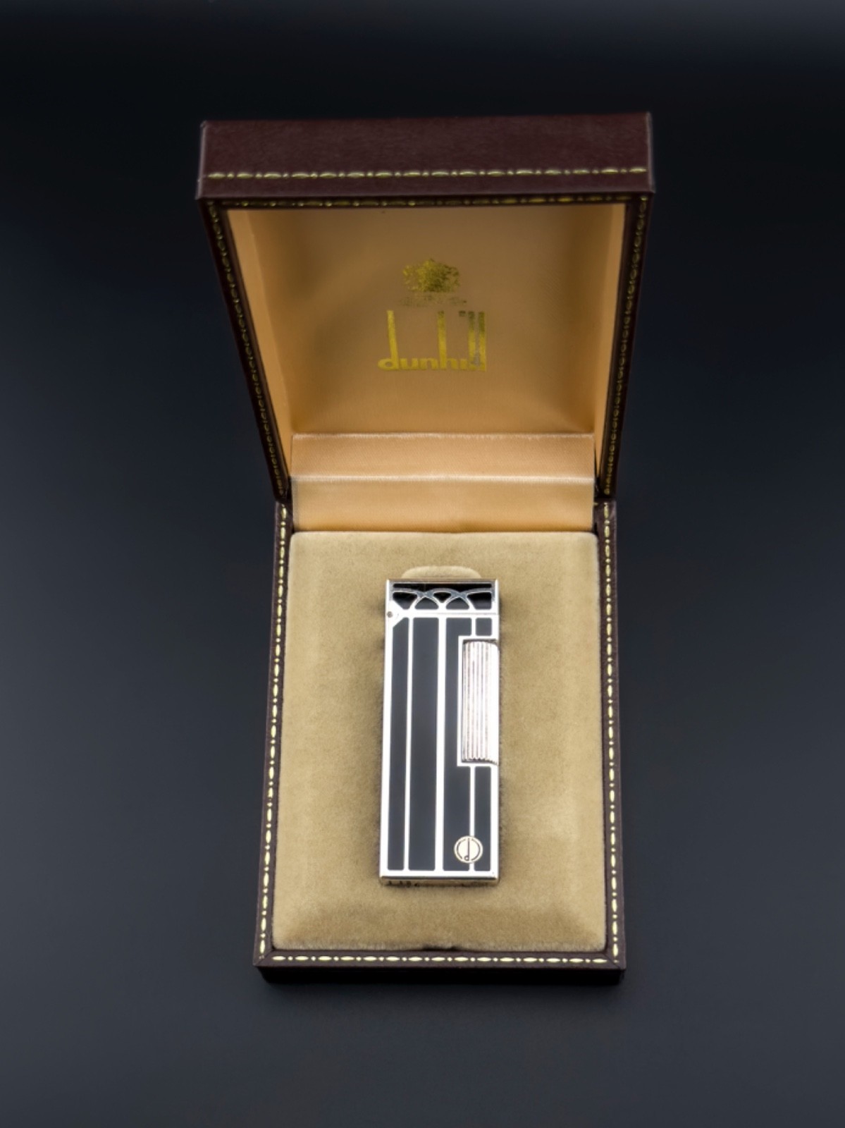 Dunhill Rollagas Lighter Art Deco Arches Black Lacquer & Silver - VERY RARE