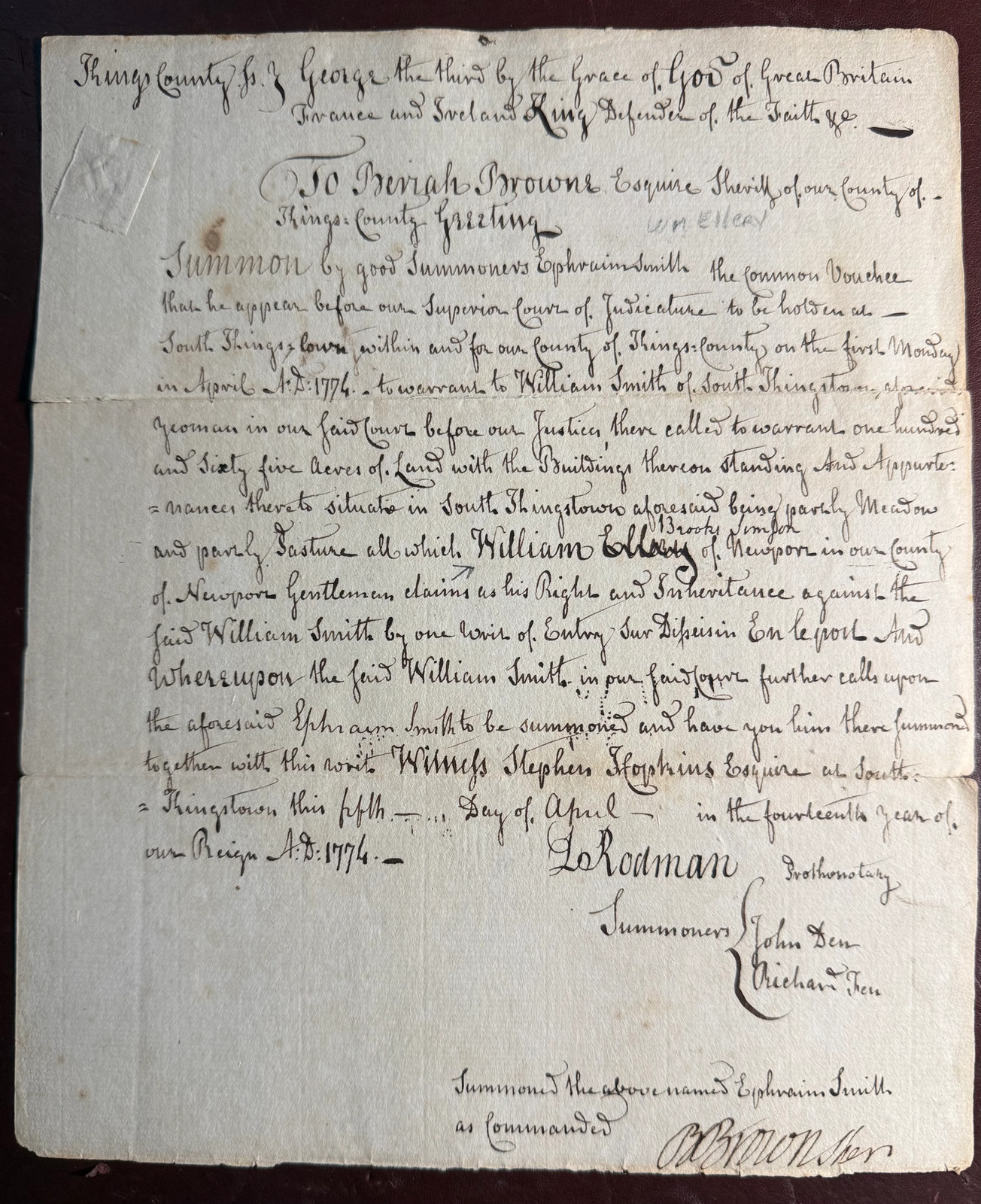 1774 Colonial Rhode Island Land Writ — Names Two Declaration Signers, Stephen
