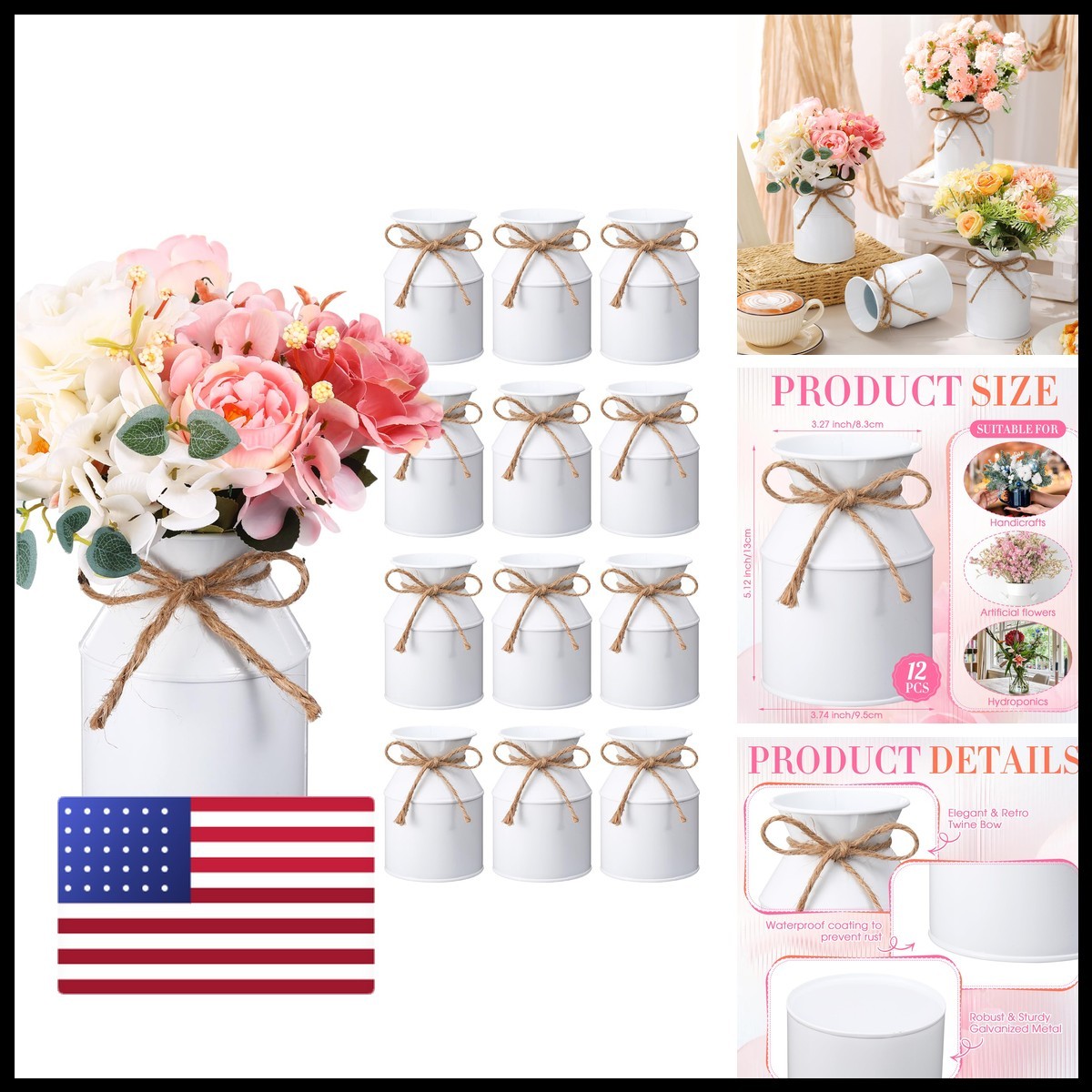 Domensi 12 Pcs Farmhouse Metal Flower Vase, White GEN-Domensi-4000