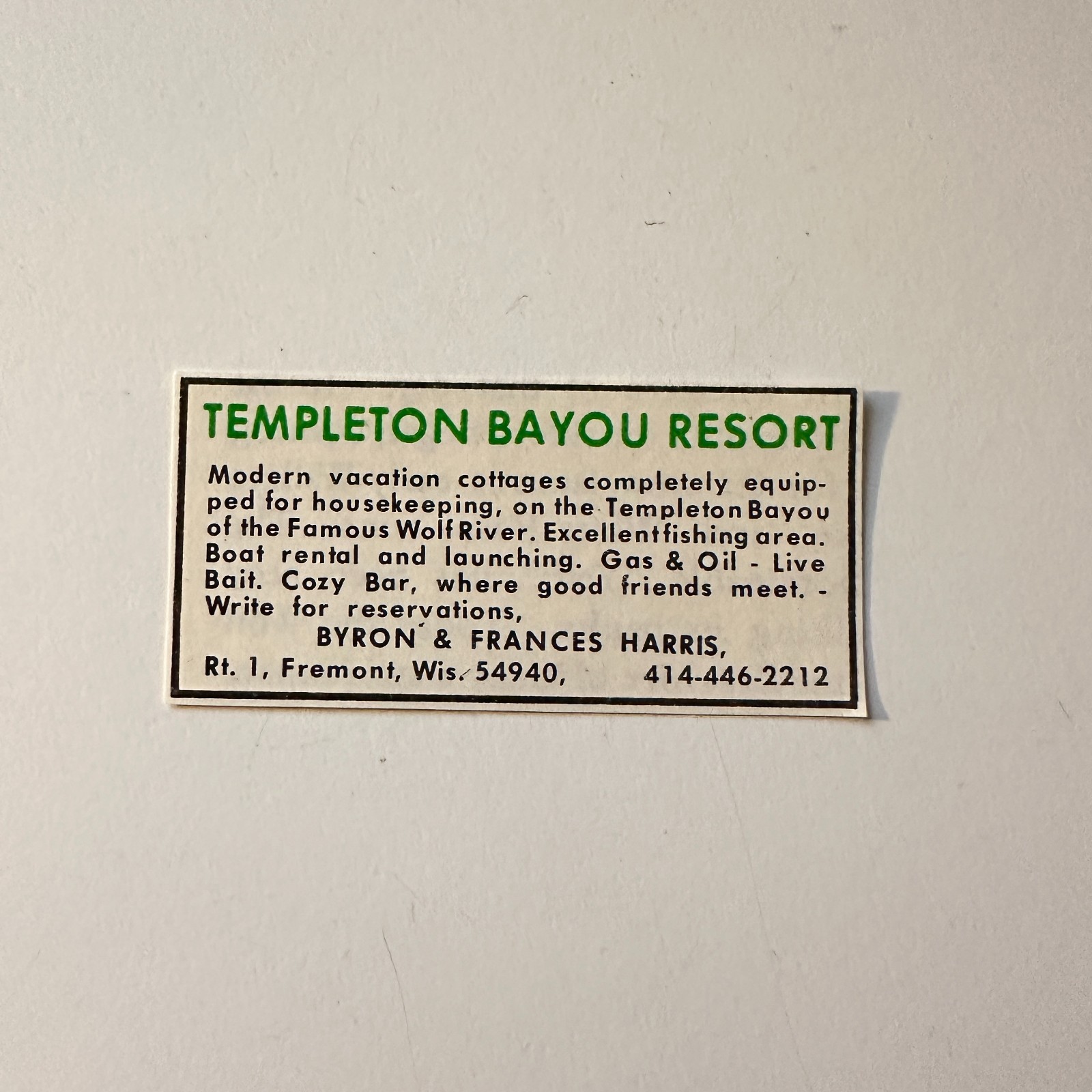 Templeton Bayou Resort Rt 1 Byron & Frances Harris Fremont WI 1979 Ad 4AF2-S49
