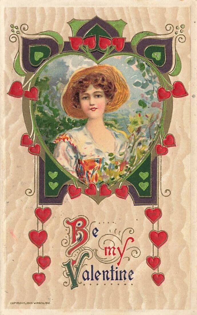 c1910 John Winsch Schmucker Lovely Woman Hearts Embossed Valentines Day P408