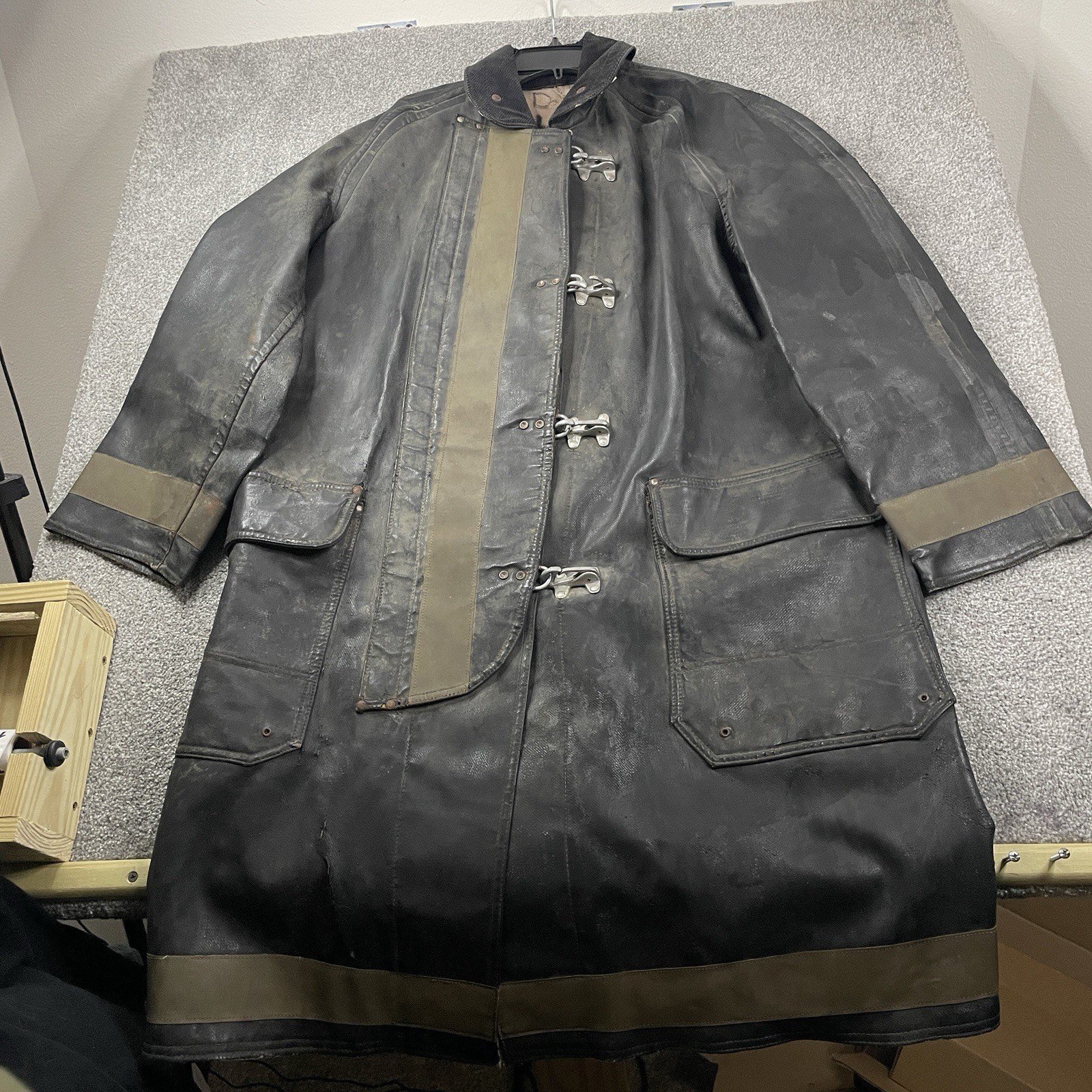 Vintage 60s Firefighters Coat Janesville Apparel WI Rubberized Black Actual Use