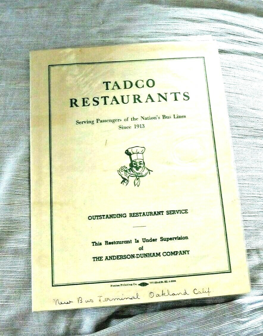 VINTAGE MENU TADCO RESTURANTS NATION\'S BUS LINES OAKLAND CALIFORNIA 1950\'s