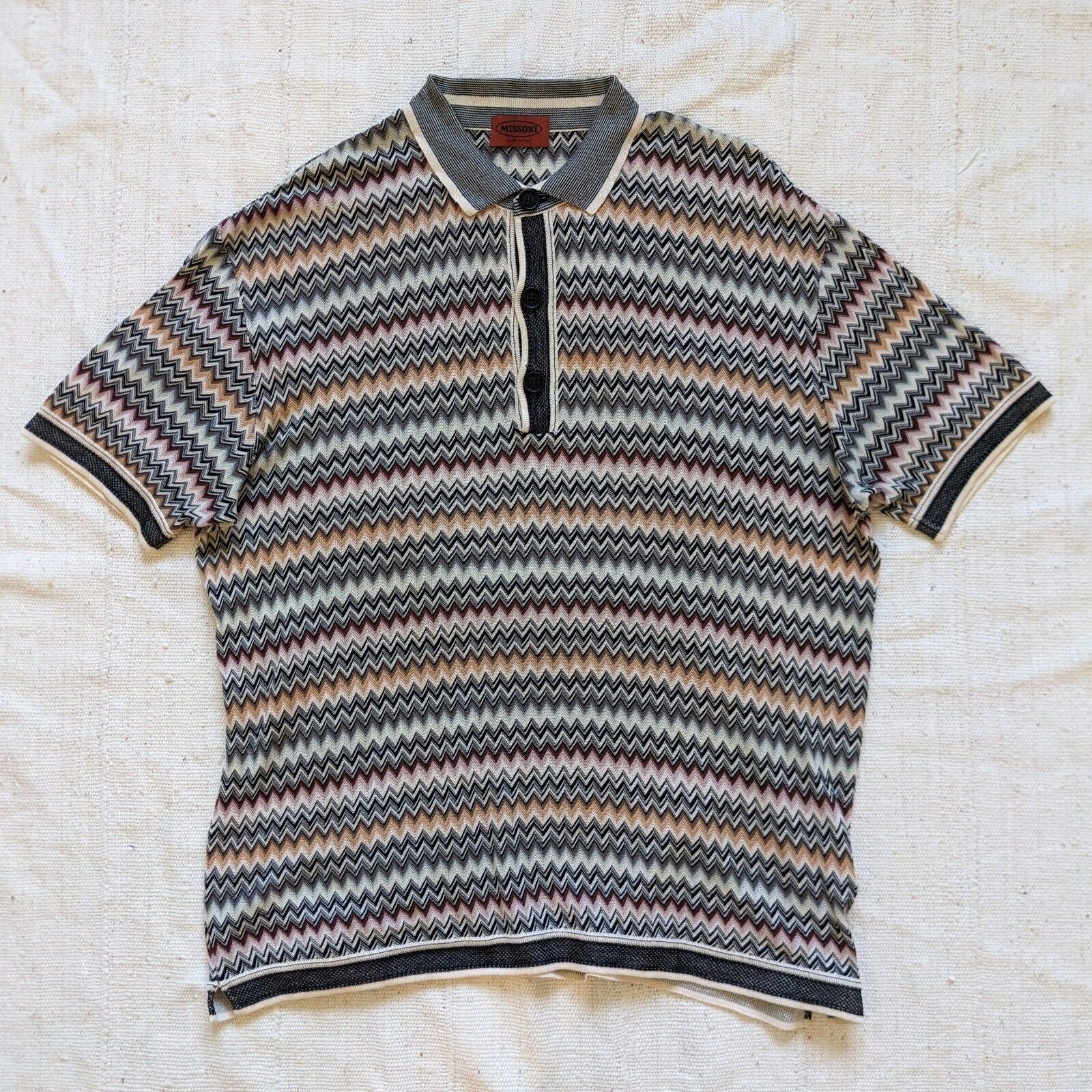 Missoni Knit Polo Shirt 54 XL Red Gray Yellow Zigzag Wave Striped Vintage 90s