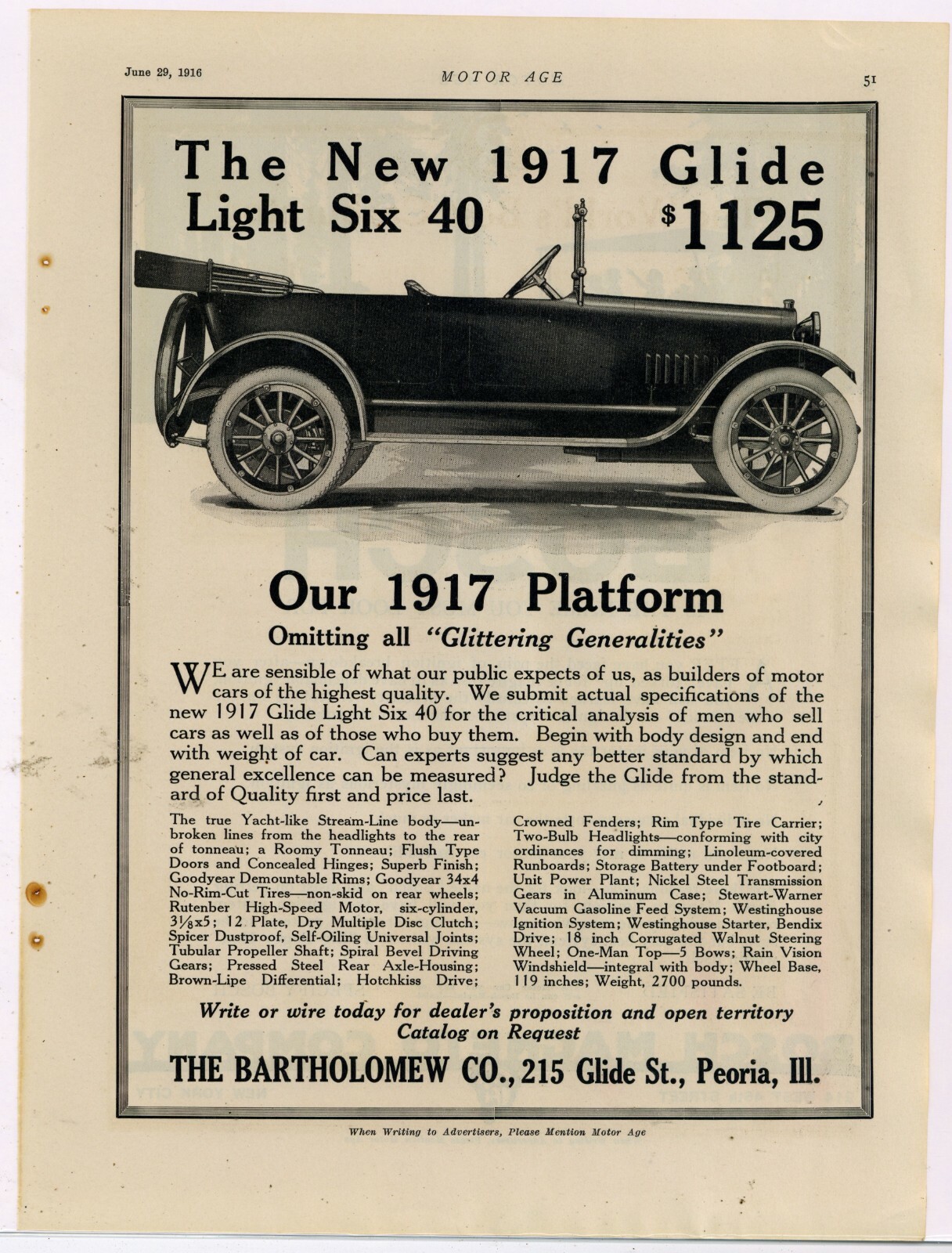 1916 Bartholomew Co. Ad: Glide Light Six Automobile for 1917 - Peoria, Illinois