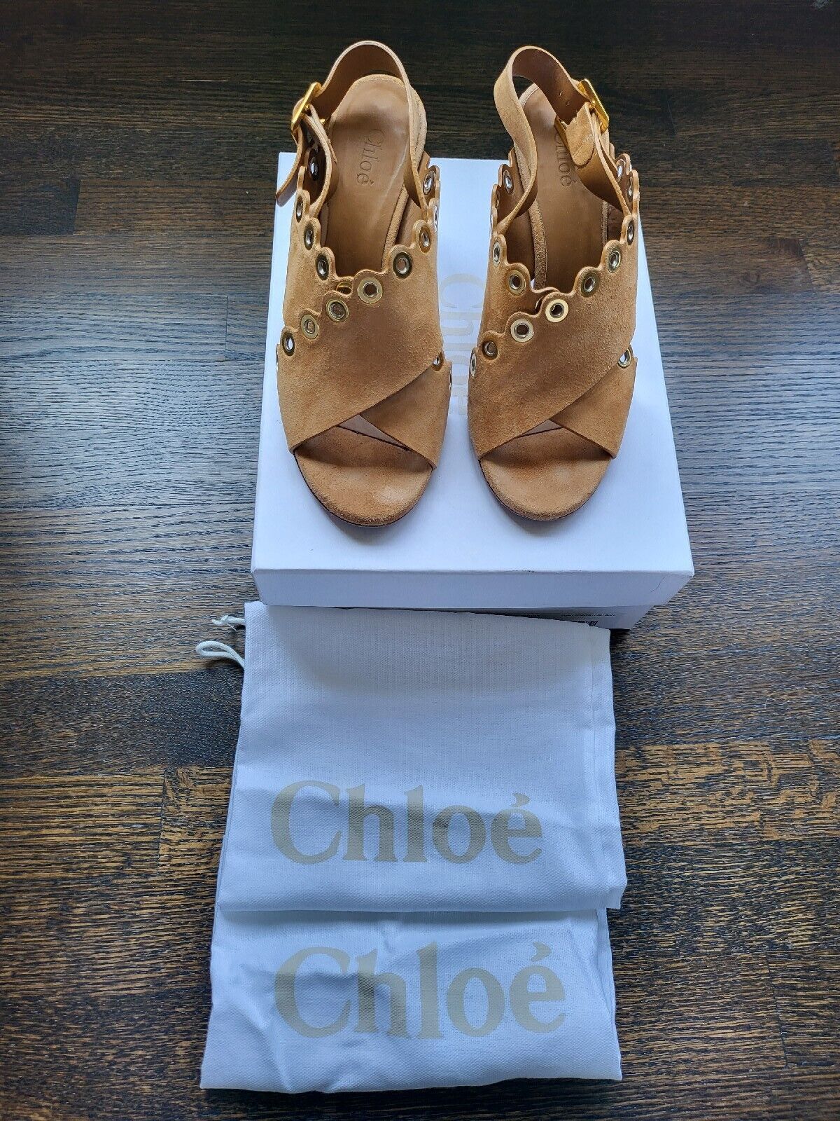 CHLOE Women\'s Cross-Strap Suede High Heel Sandals, Tan, Size EU 38.5 (US 8.5)