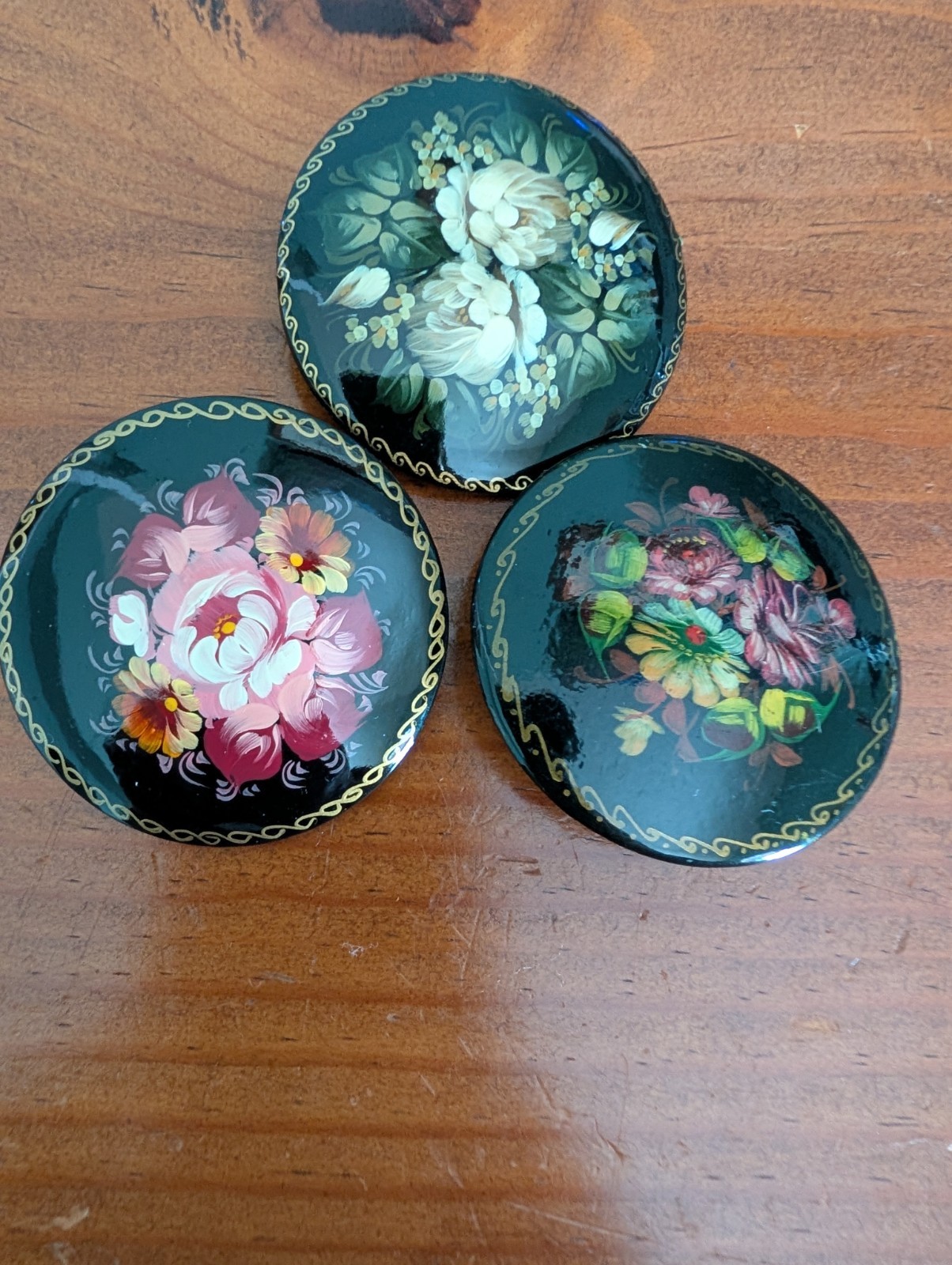Vintage Hand Painted Signed Brooch Pin Russian Lacquer Russian Folk Art Set of 3
