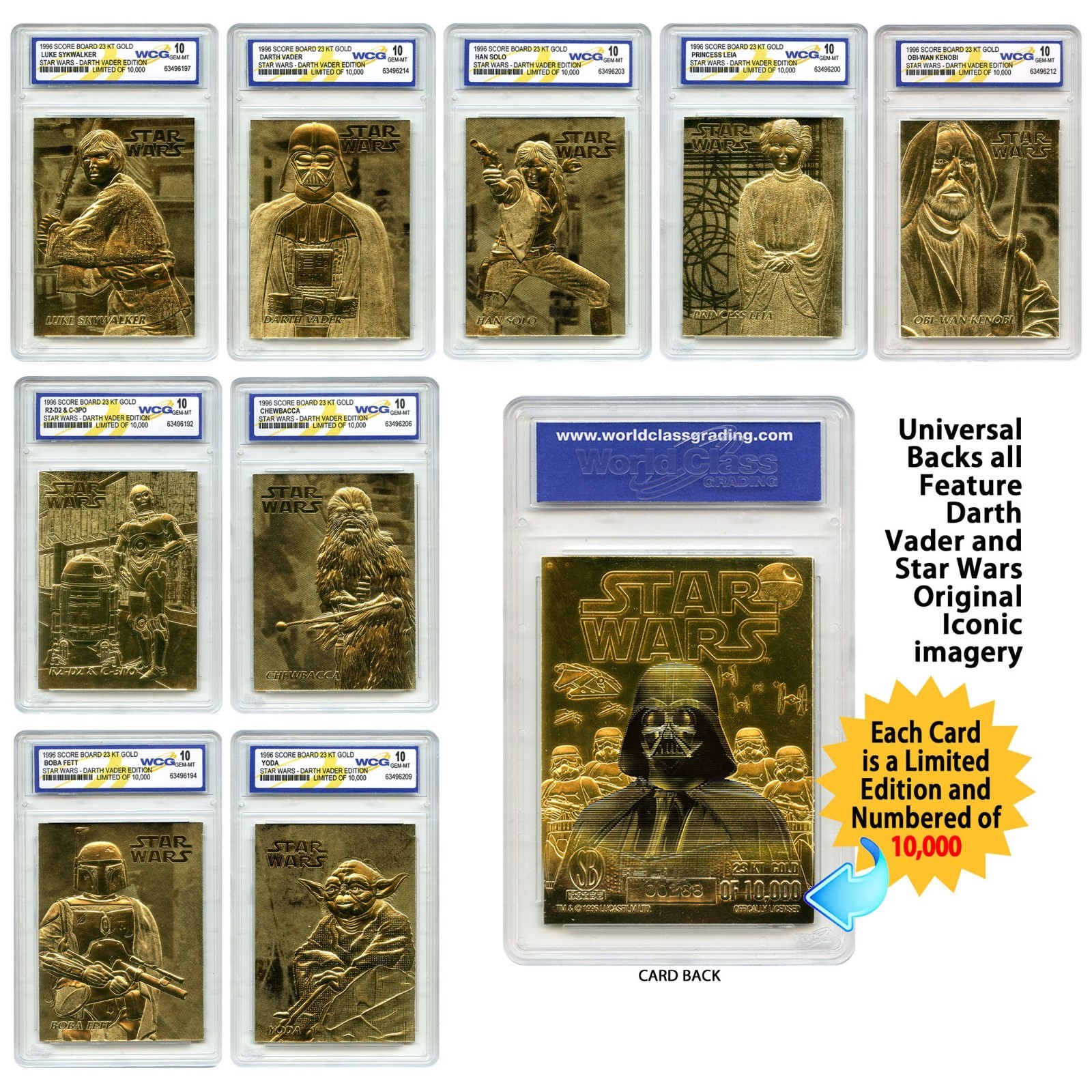 STAR WARS Set of 9 Licensed 23K Gold Cards Graded Gem Mint 10 DARTH VADER SERIES
