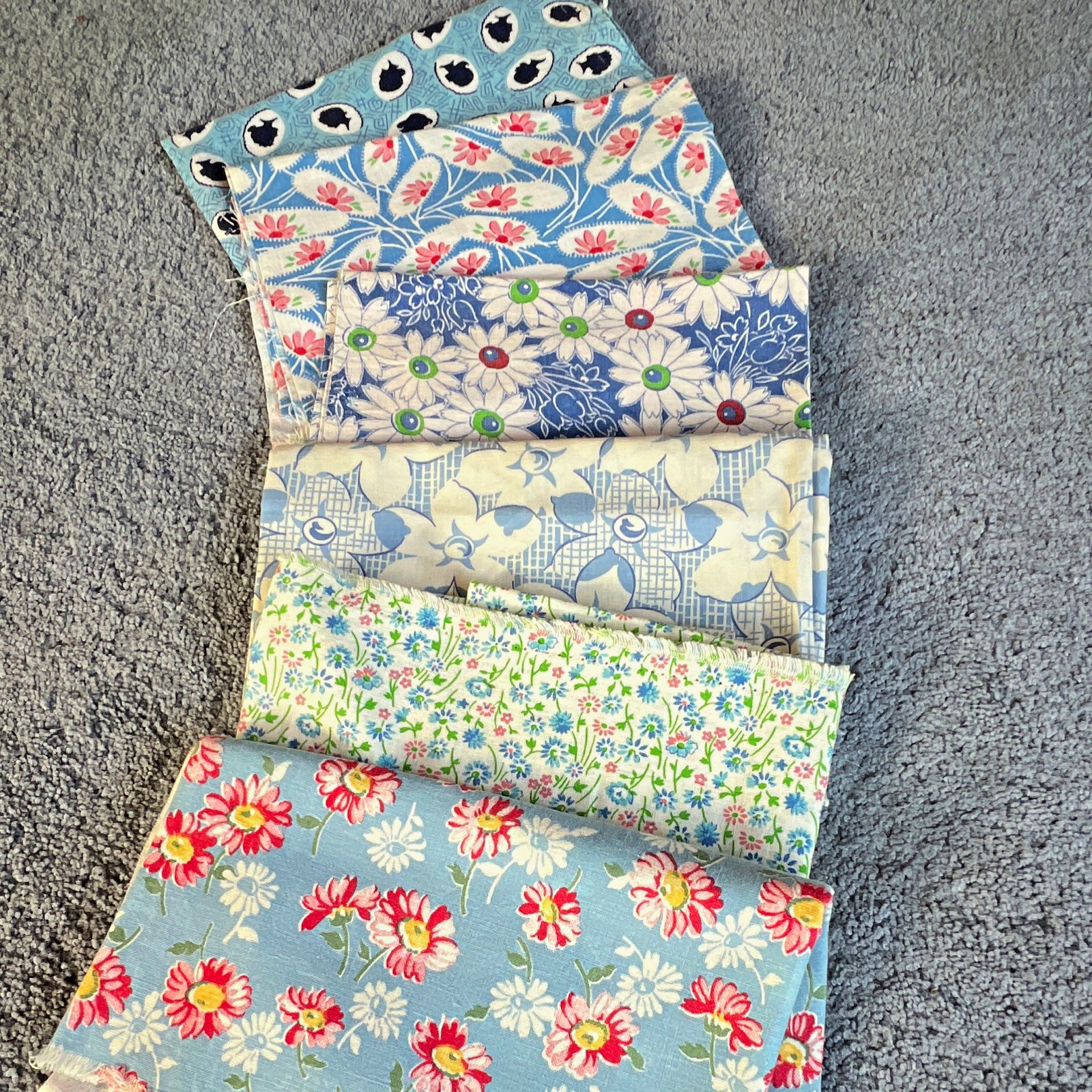 Vintage feedsack pieces lot of 6 blues
