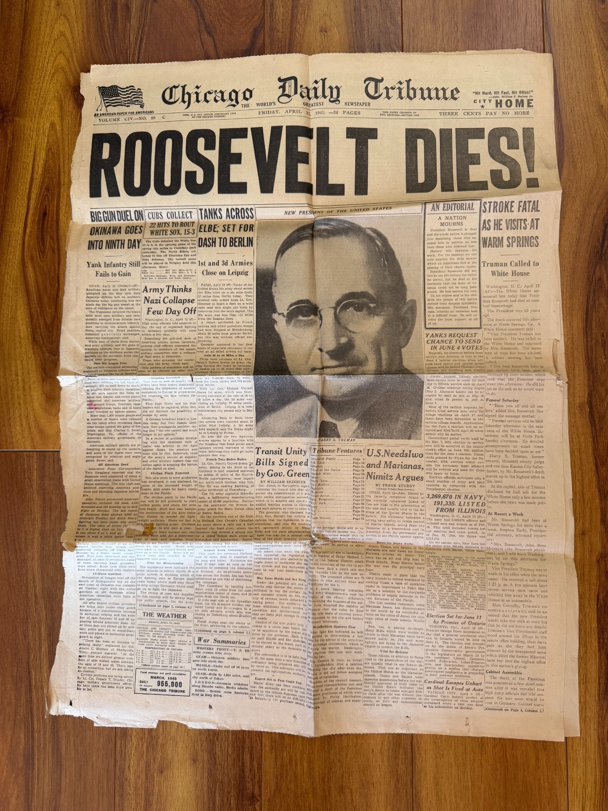 Chicago Daily Tribune ROOSEVELT DIES Newspaper April 13, 1945