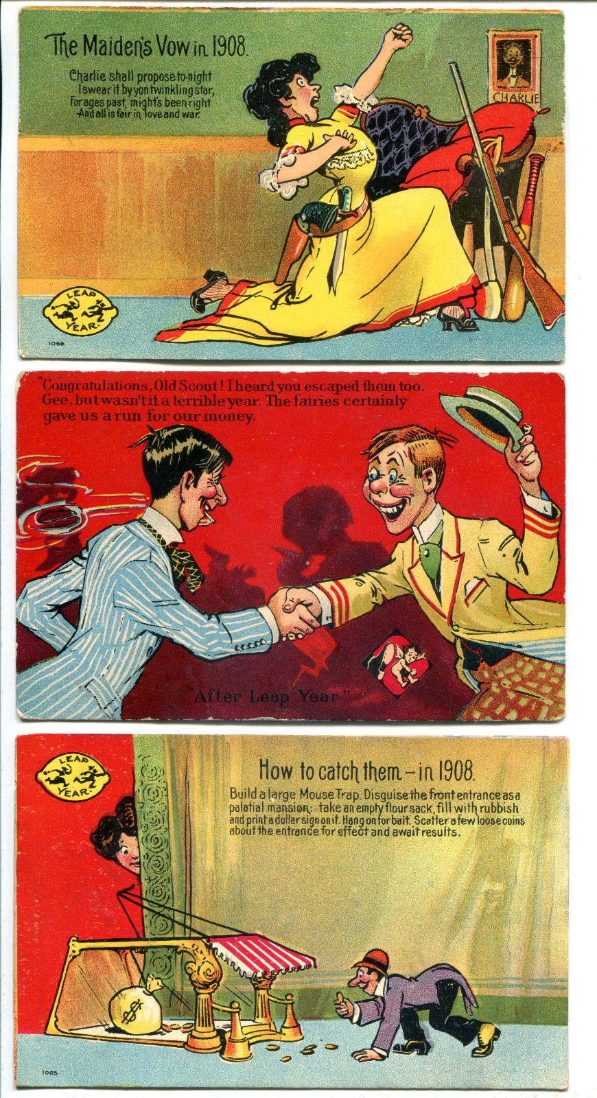 Leap Year,  3 Vintage Postcards, 1908